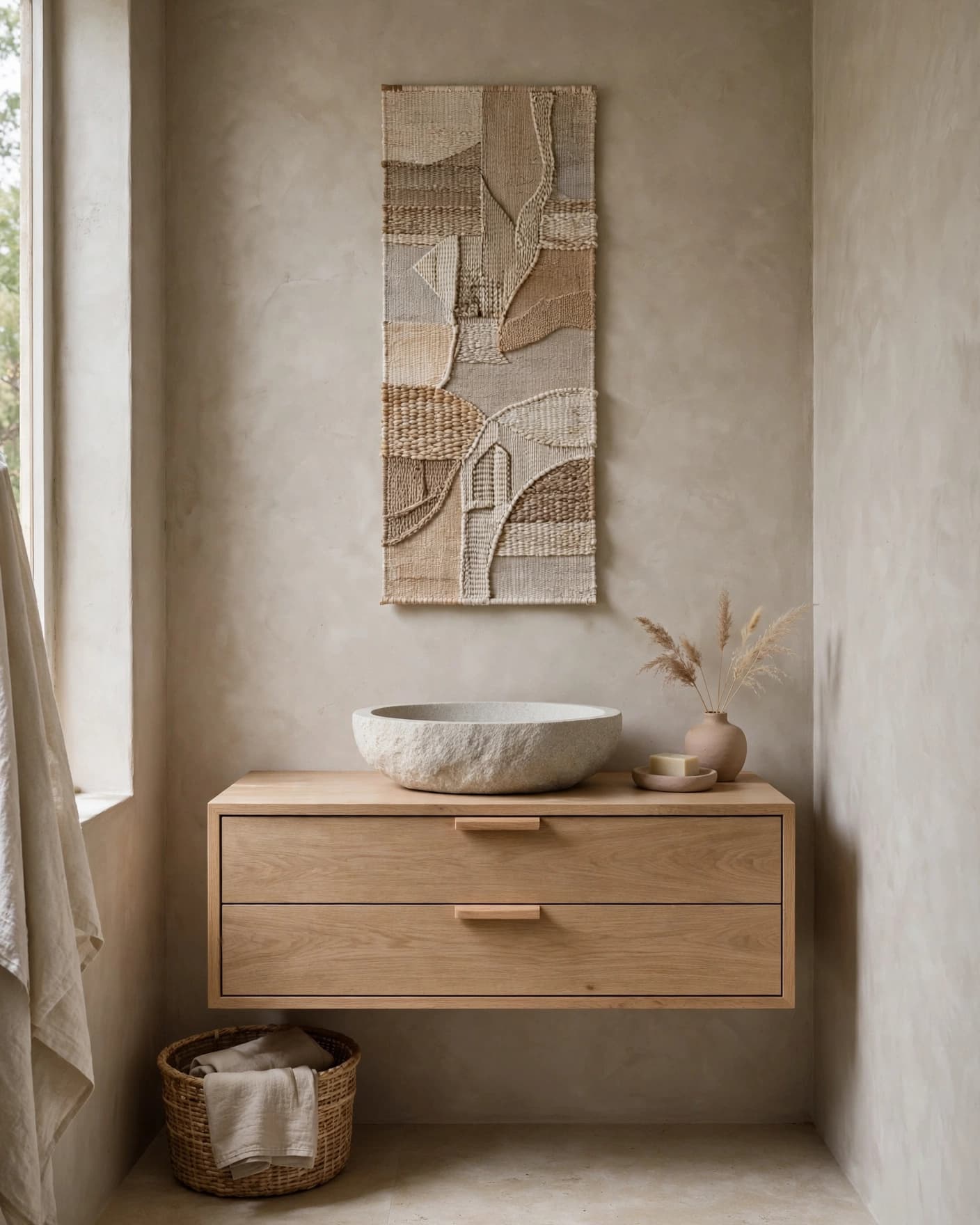 Clay textile art hangs above an oak vanity in a calm bathroom.