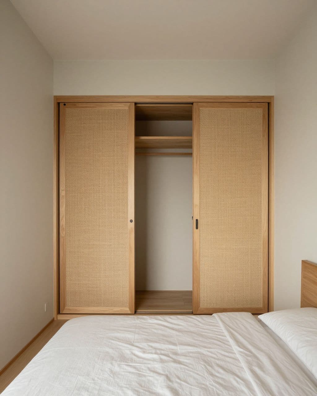 Calm bedroom with a low bed and concealed sliding-door closet.