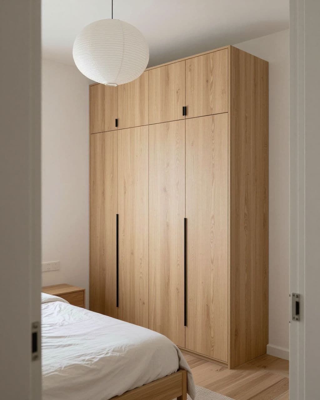 Compact bedroom with a pale oak wardrobe, low bed, and paper pendant light.