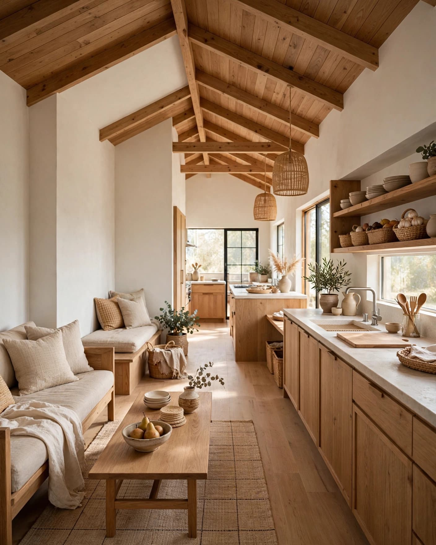 A calm shed house interior with oak furniture, a simple sofa, and an open kitchen.