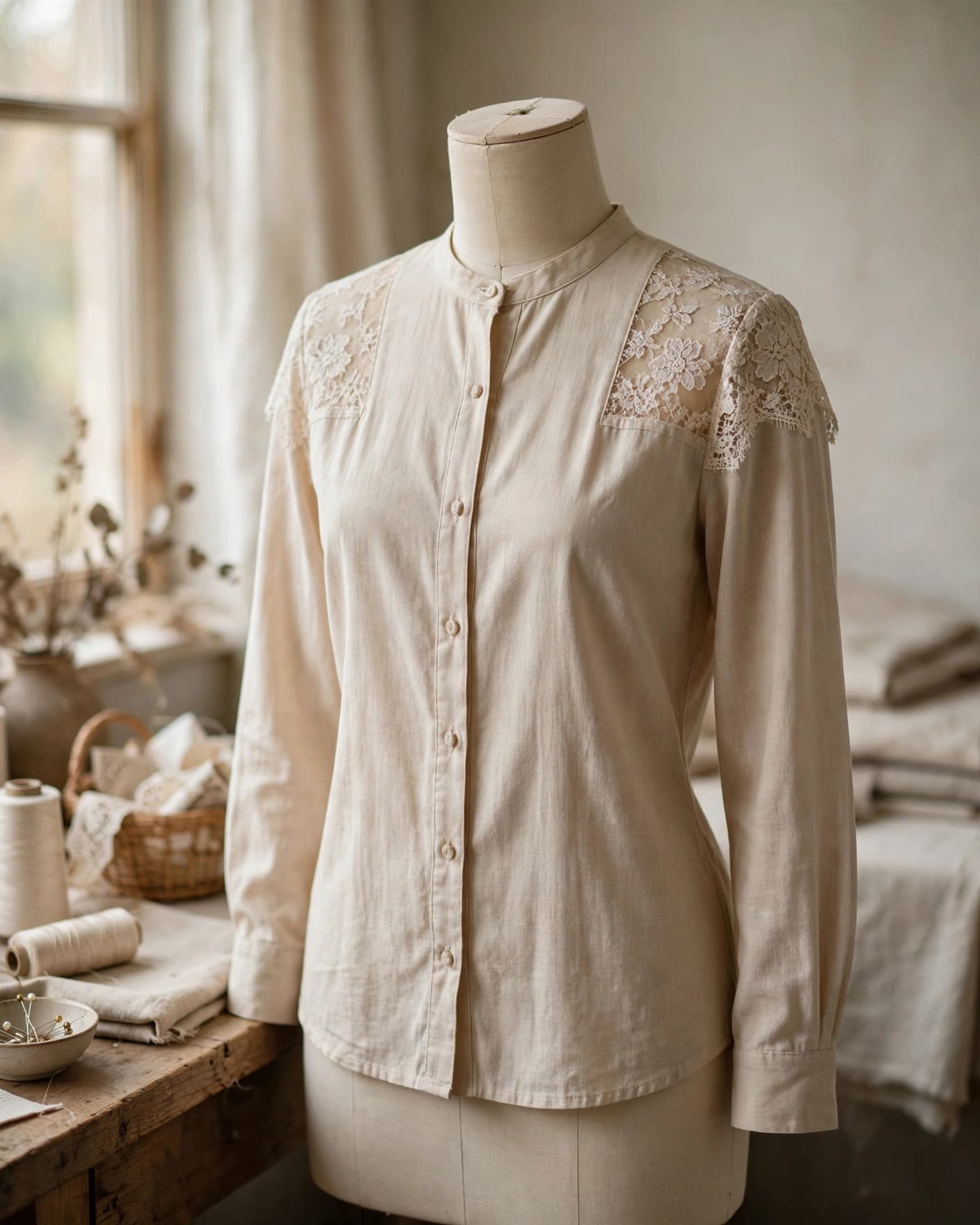 A long-sleeve shirt with lace shoulder panels on a dress form.