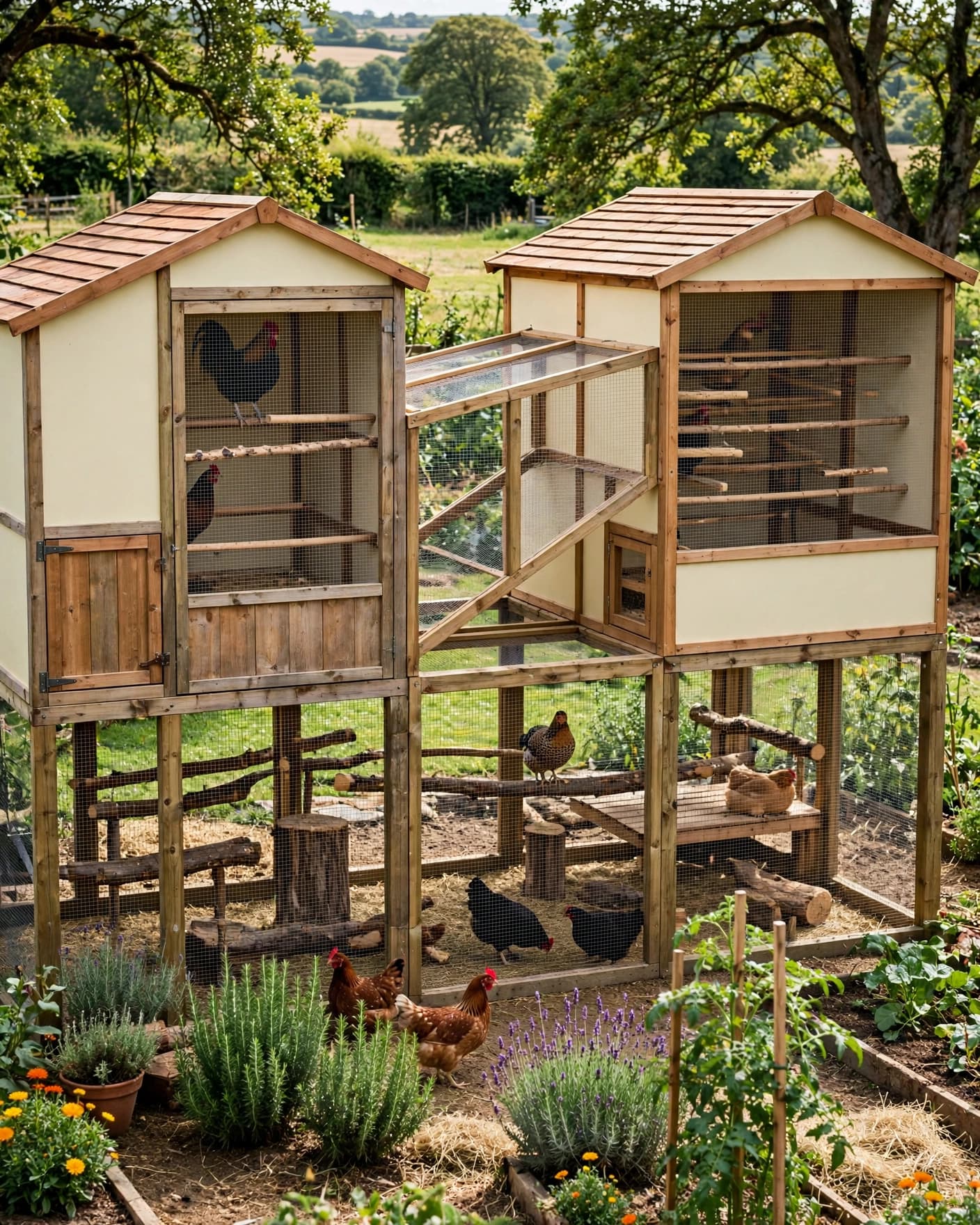 Large wooden chicken coop with multiple roosts and an enclosed run in a sunny garden.