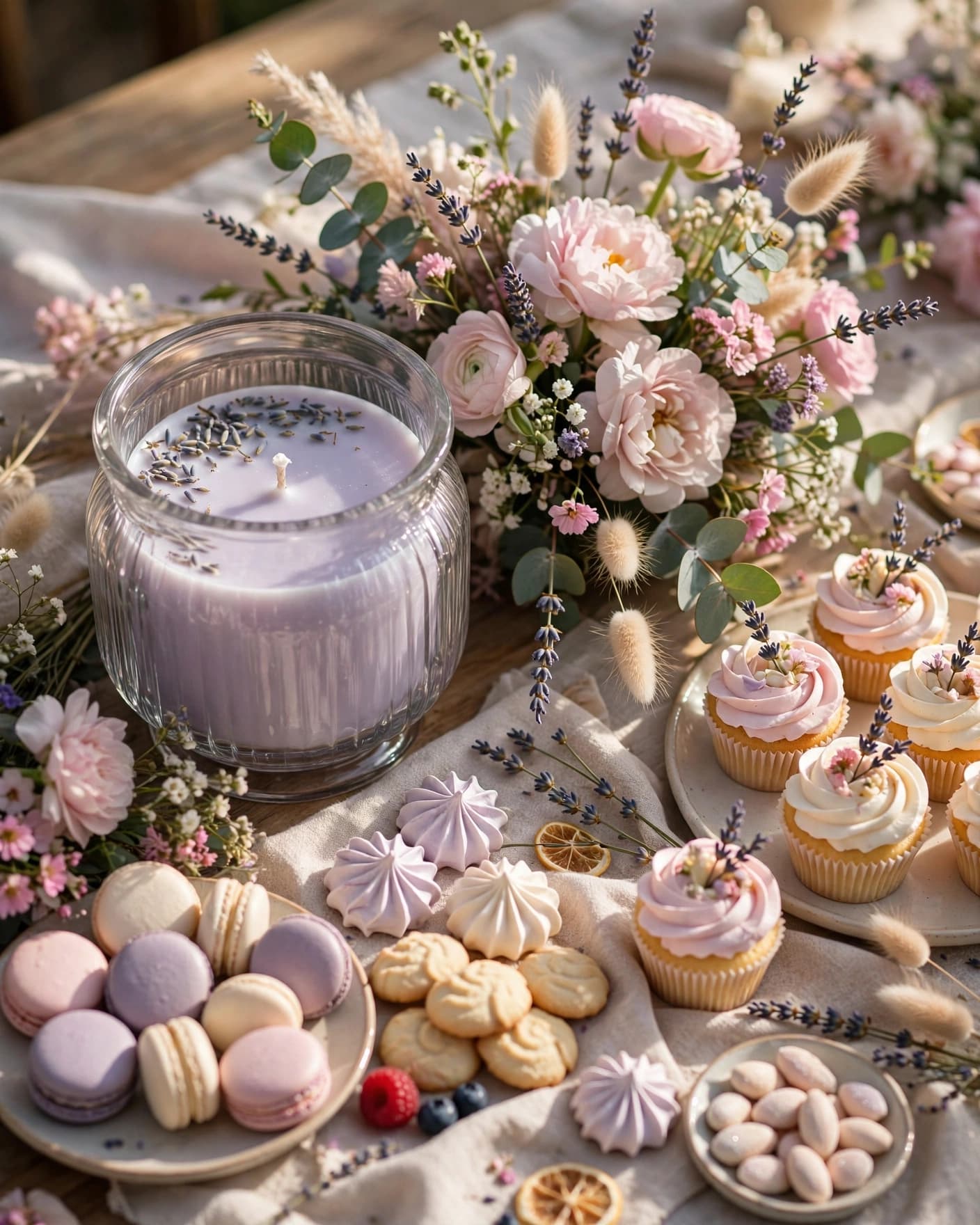 Lavender candle in a glass jar beside pastel flowers on a decorated dessert table.