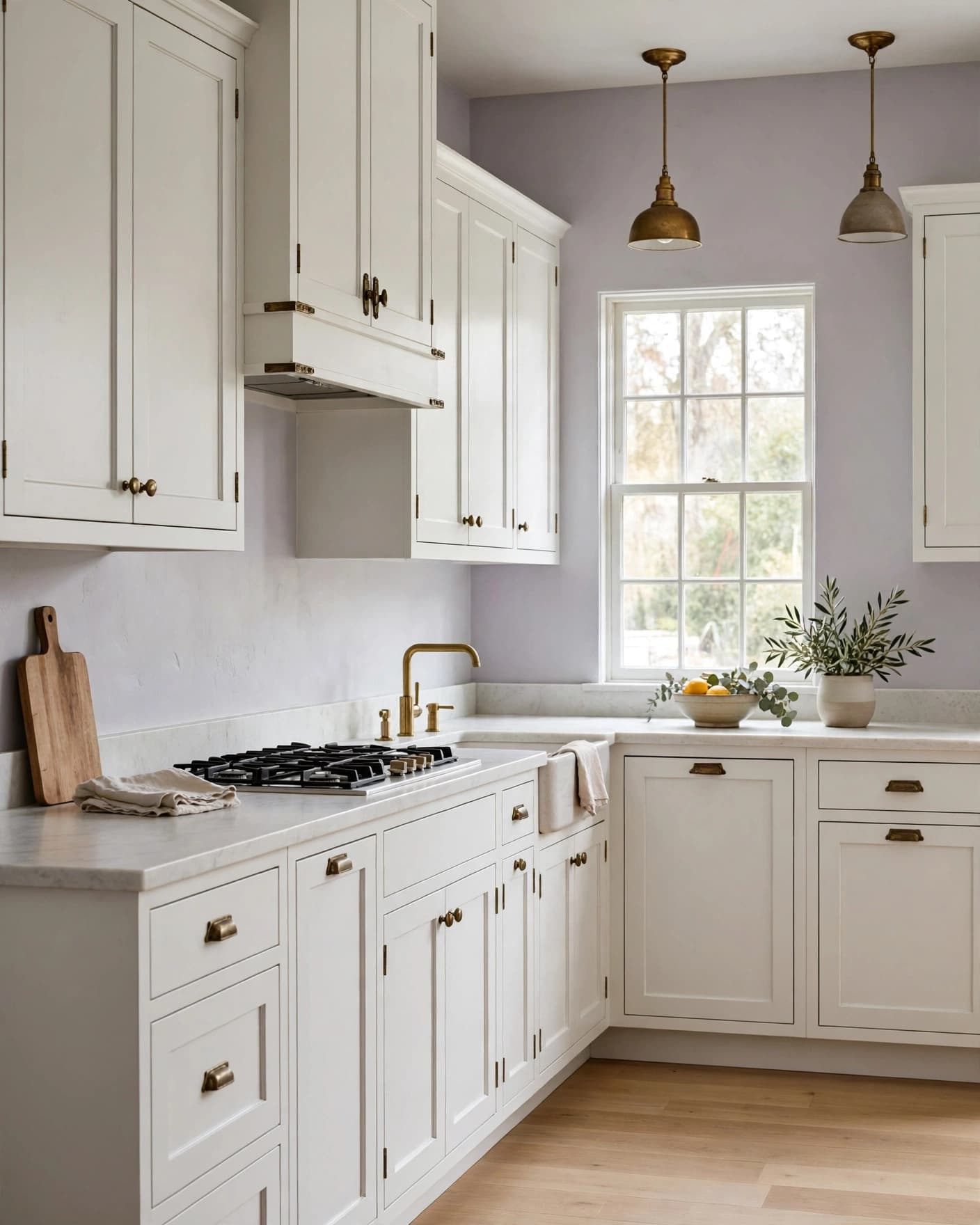 A lavender-gray kitchen with white cabinets, oak flooring, and brass details.