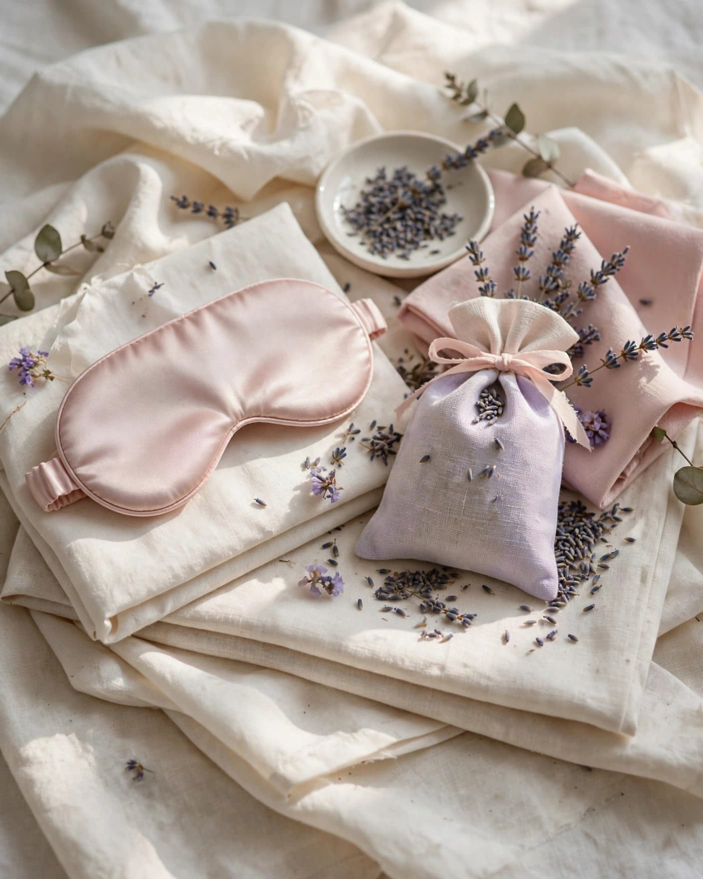 A silk sleep mask and lavender sachet on folded linen at a baby shower table.