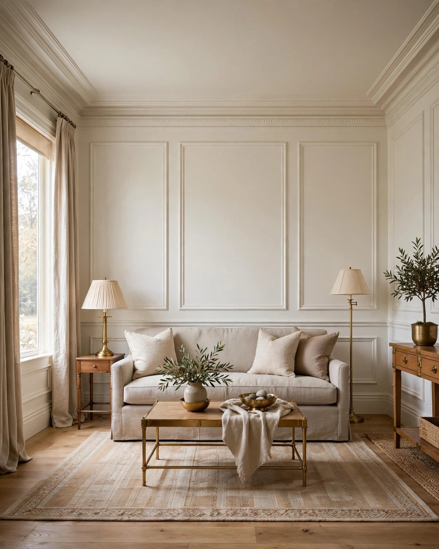 A classic sofa sits against warm white walls with decorative panel molding.