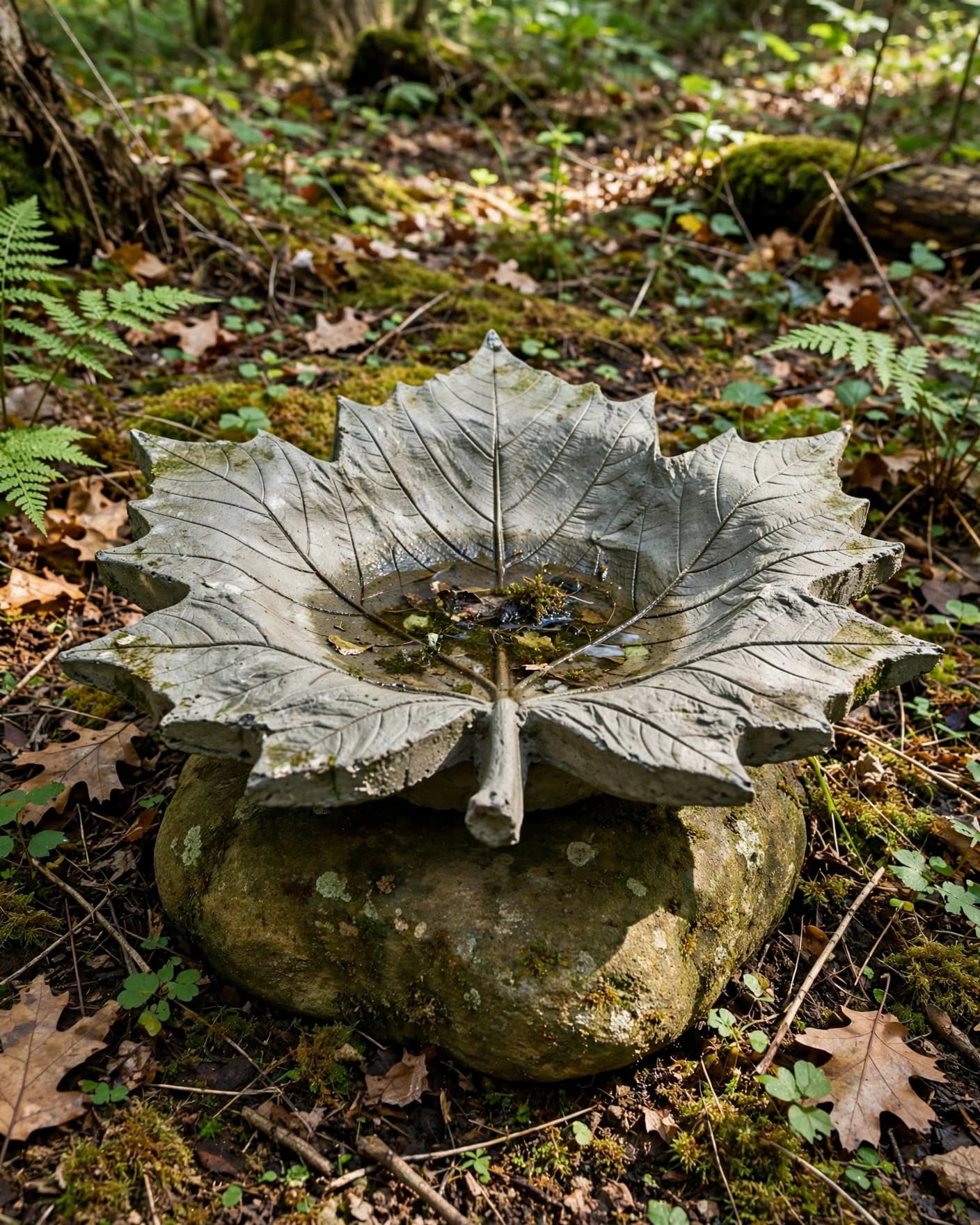 A leaf-shaped concrete bird bath rests on a stone in a leafy woodland garden.