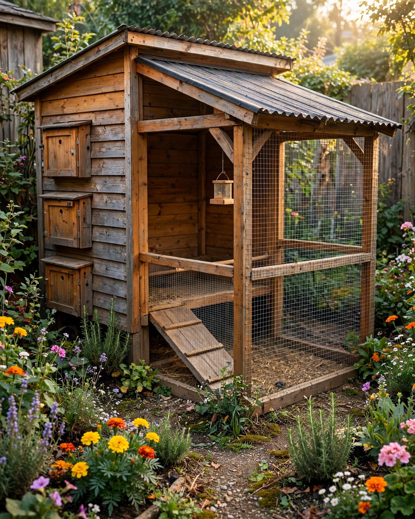 Wooden chicken coop with a covered porch, wire run, and flowers around it.