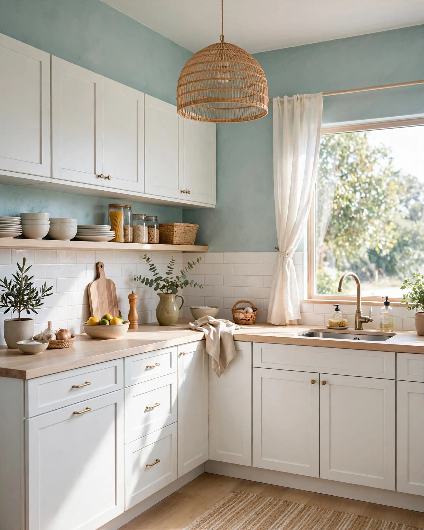 Bright coastal kitchen with teal walls, white cabinets, and a rattan pendant light.