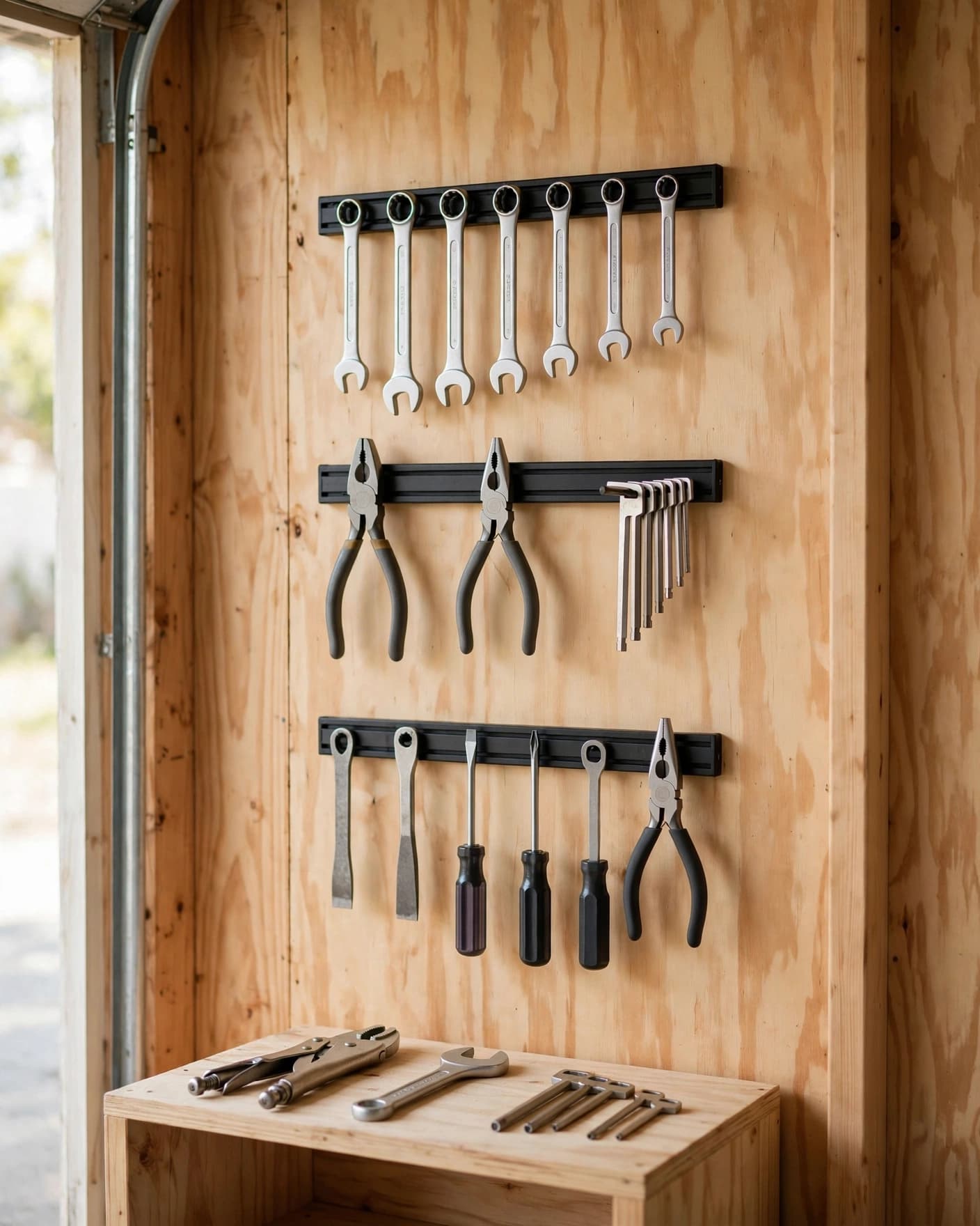 Magnetic strips hold hand tools above a small wooden work surface.