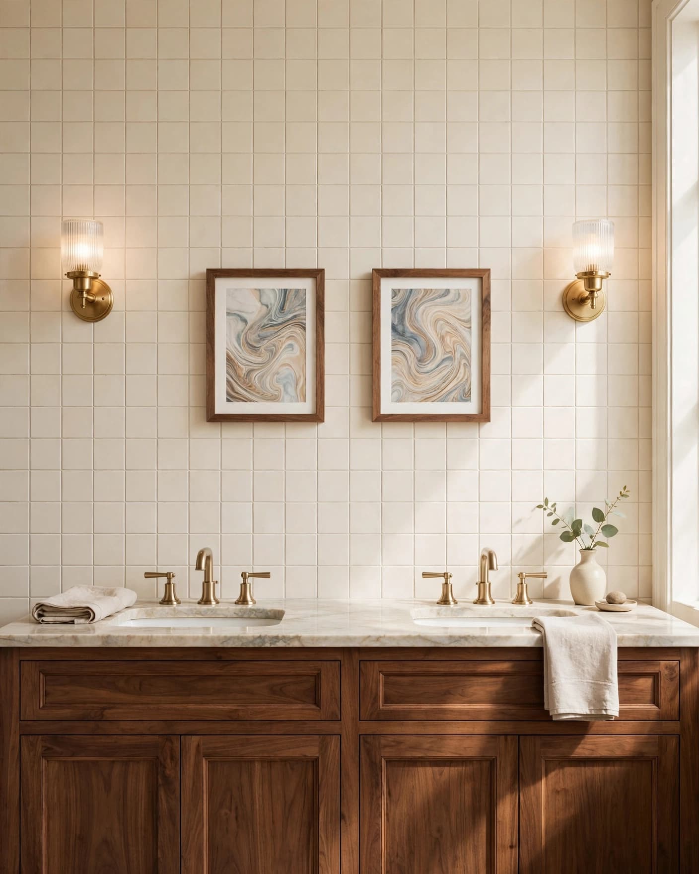 Two marbleized artworks hang above a walnut double vanity in a bright bathroom.