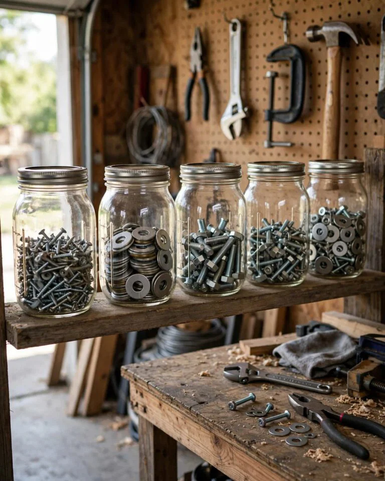 Mason jars on a wall shelf hold sorted screws, washers, and bolts.