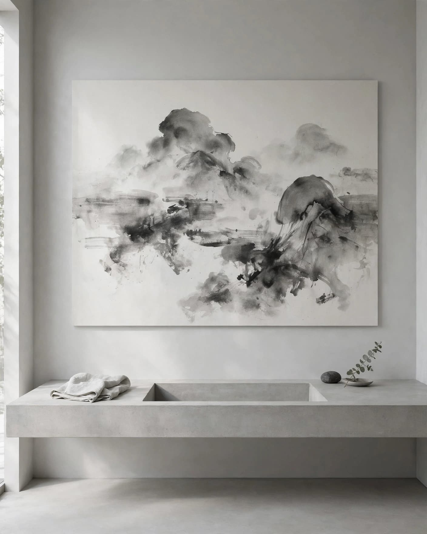 Minimalist bathroom with a concrete vanity and monochrome artwork on a pale gray wall.