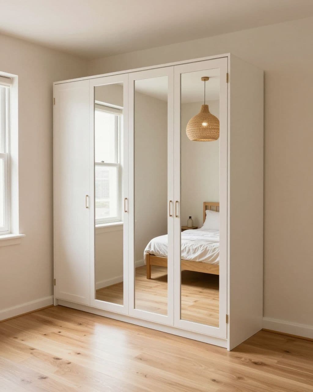 Small bedroom with mirrored wardrobe doors, a compact bed, and bright window light.