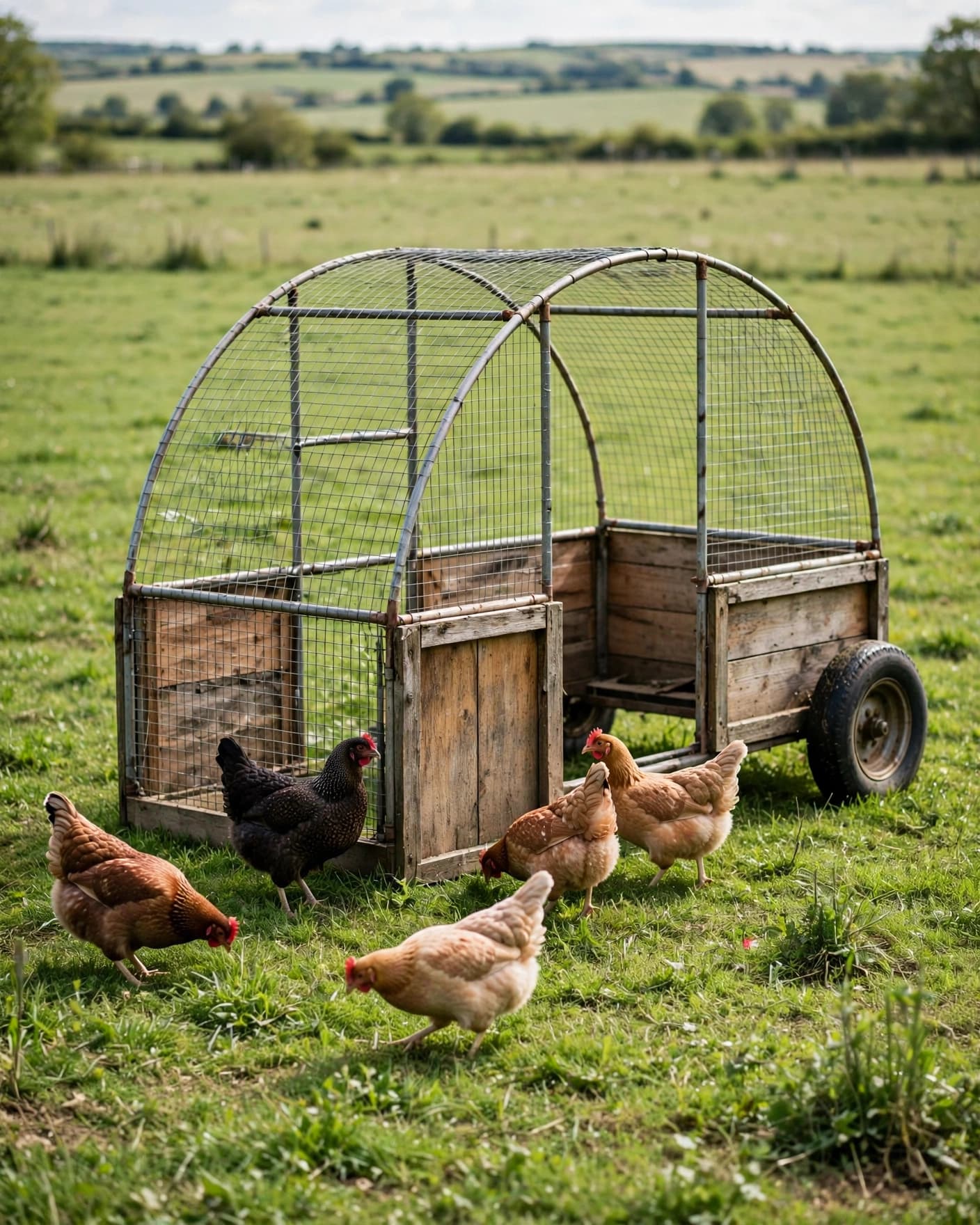 A wheeled chicken coop shelters hens on fresh grass in an open pasture.