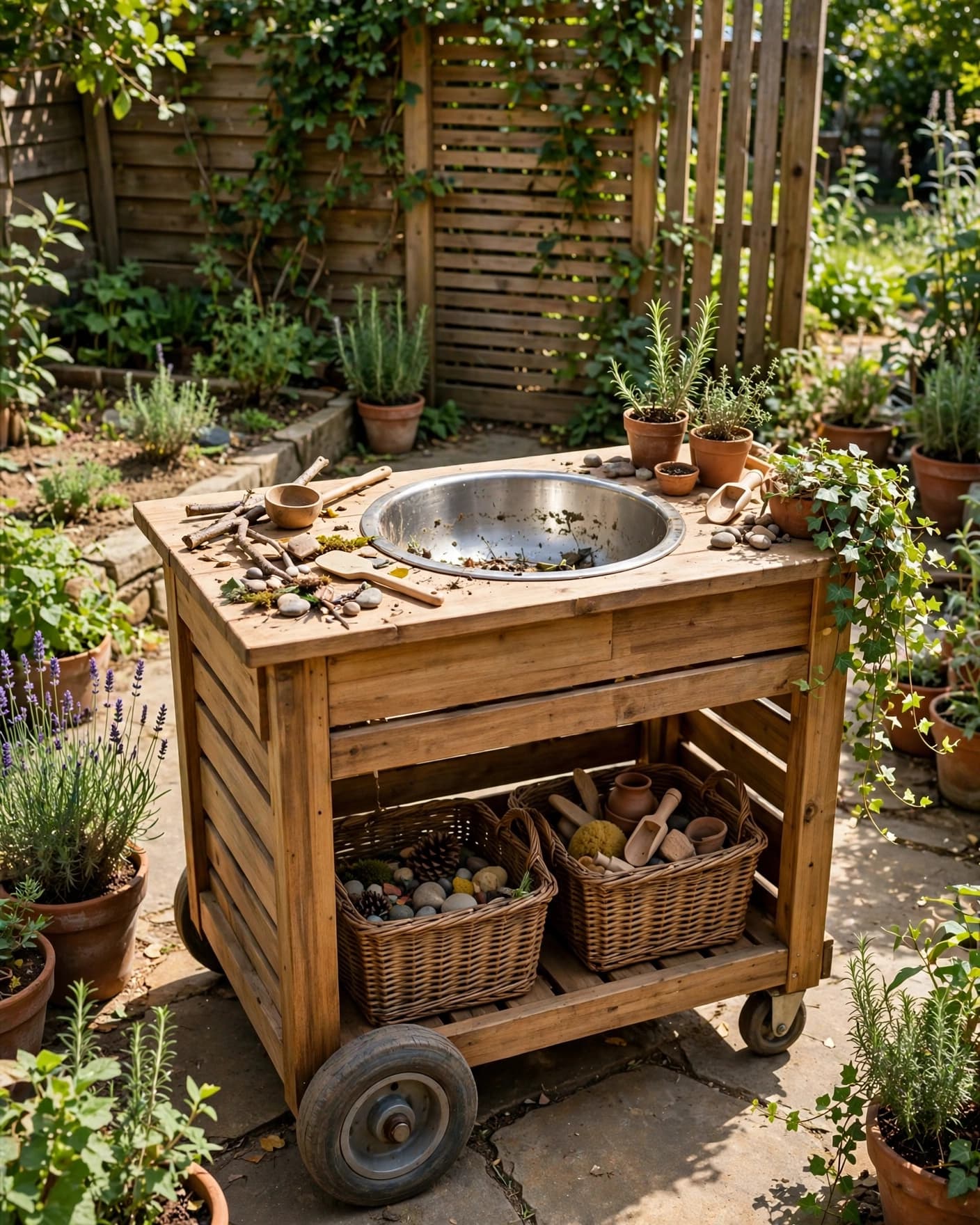 A wooden mud kitchen cart with a metal basin and storage baskets in a sunny garden.
