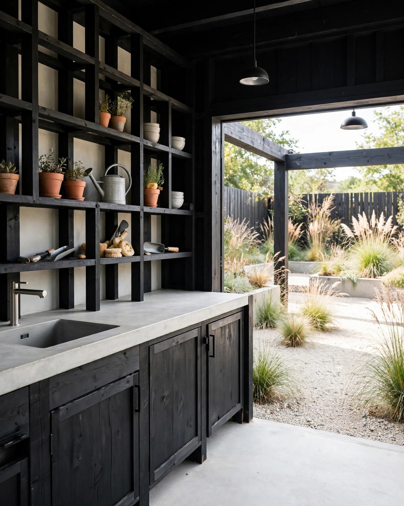 Modern black mud kitchen with open shelves, a stainless basin, and a gravel courtyard.
