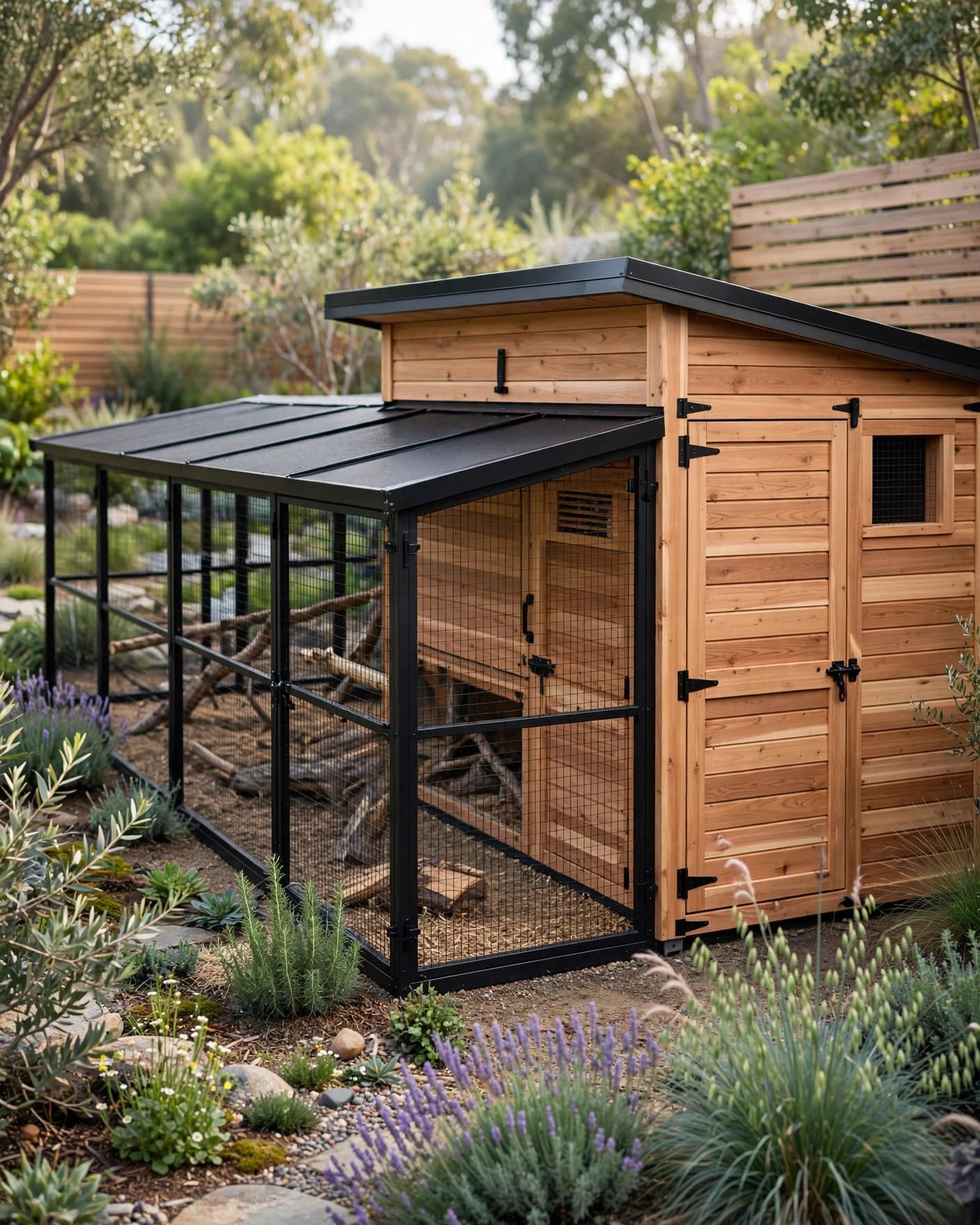 Modern cedar chicken coop with a covered run in a landscaped backyard.