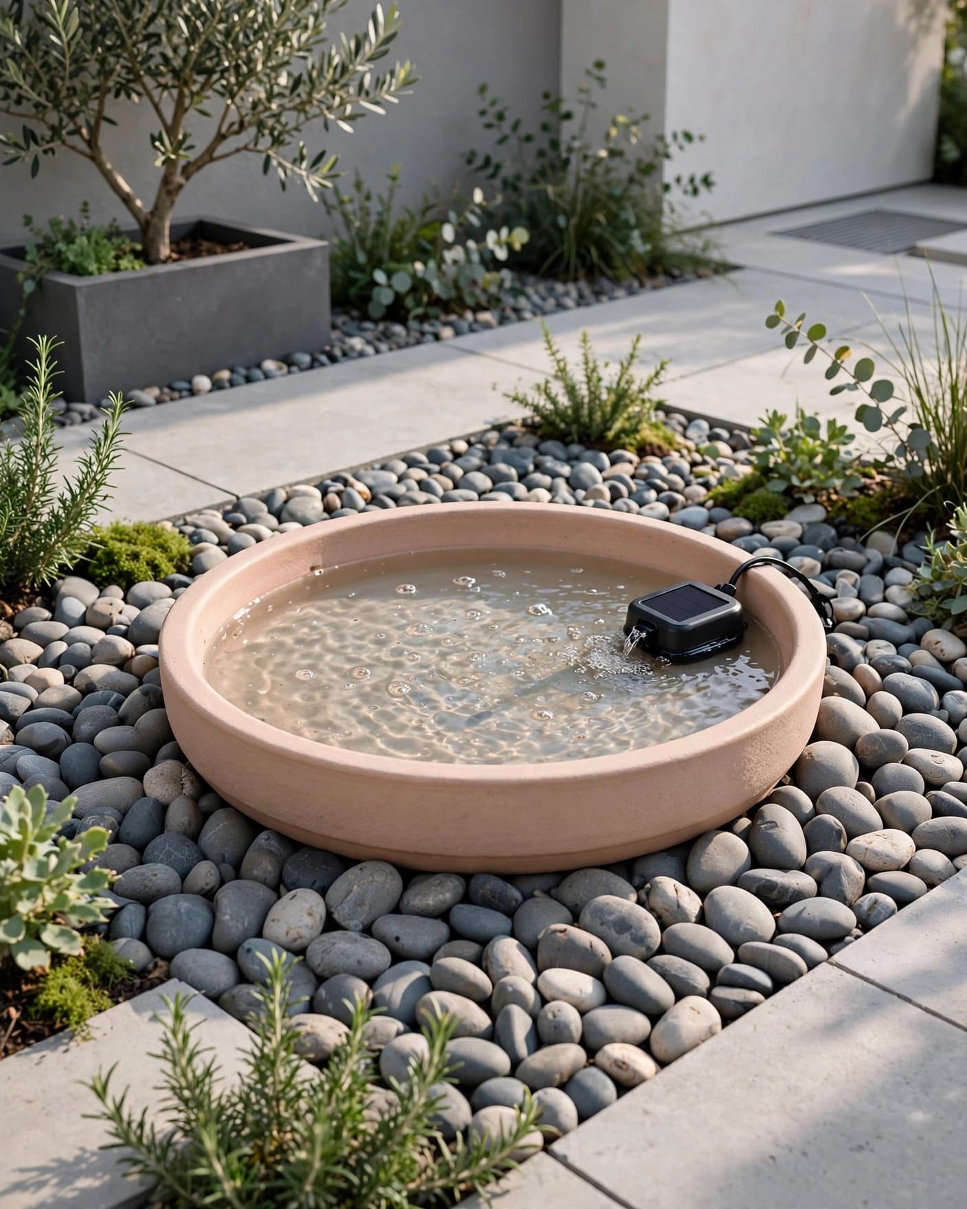 A ceramic bird bath with pebbles and a low solar pump in a modern courtyard.