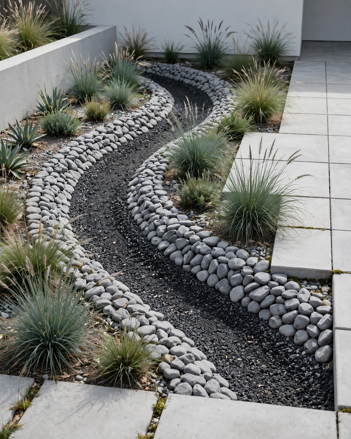 Curved gray stones form a dry creek bed beside grasses and concrete pavers.