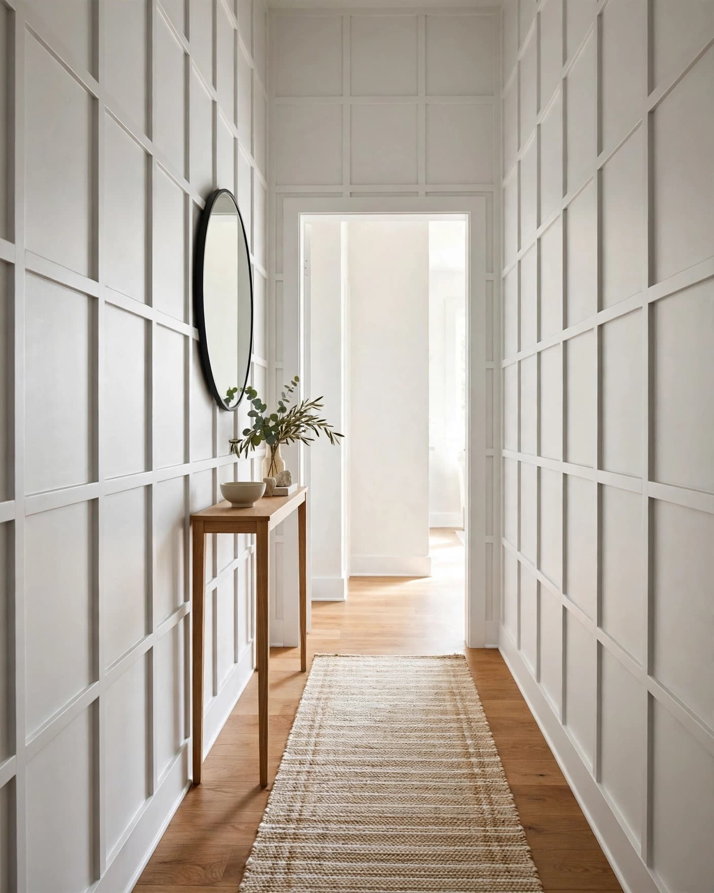 A white entry hall with grid molding, a narrow console, round mirror, and runner rug.