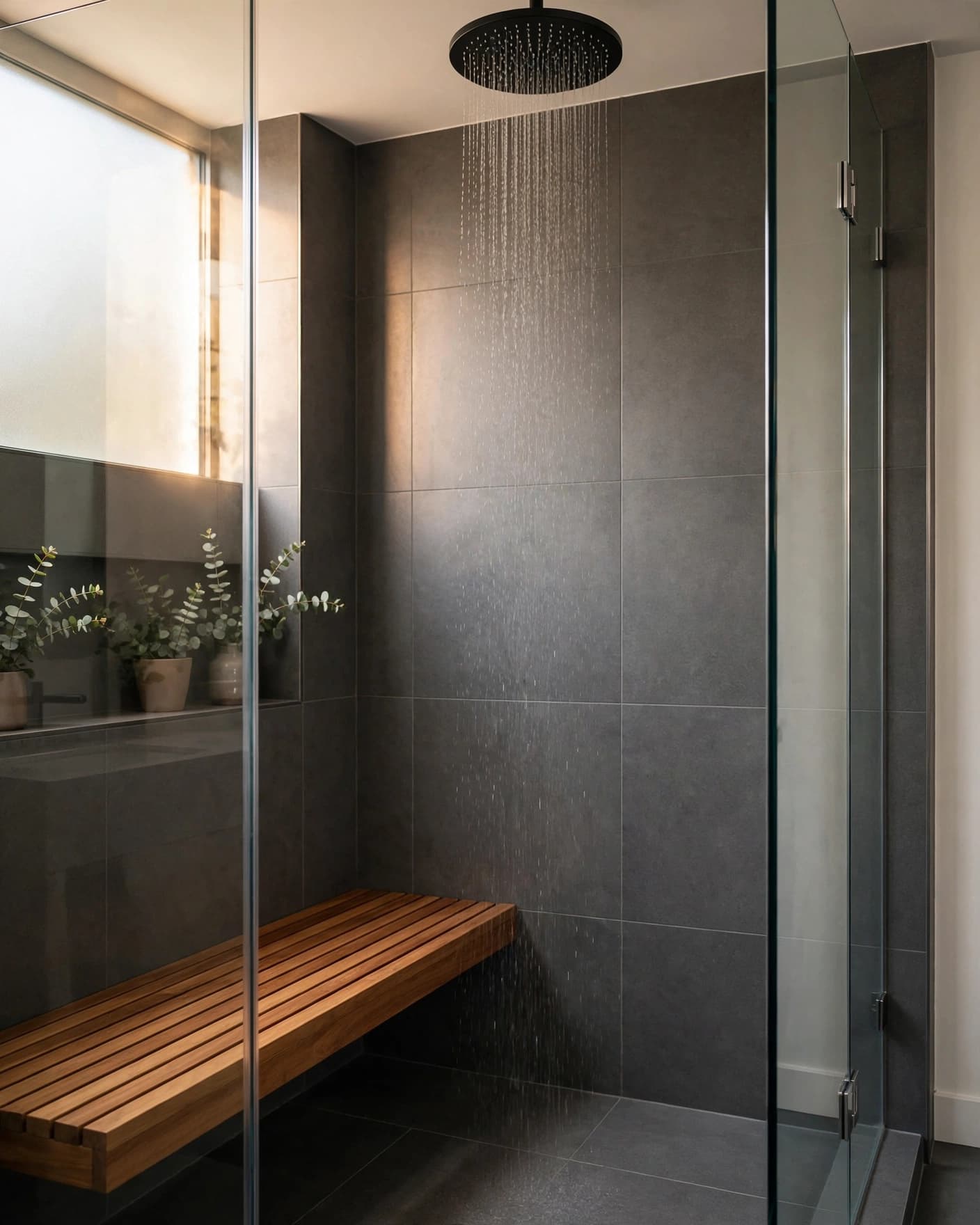 Modern bathroom with a ceiling rainfall shower, glass enclosure, dark tile, and teak bench.