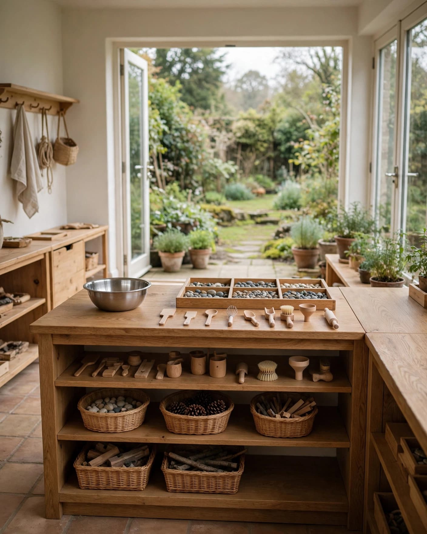 Low oak mud kitchen with wooden tools, a metal bowl, and pebble tray.