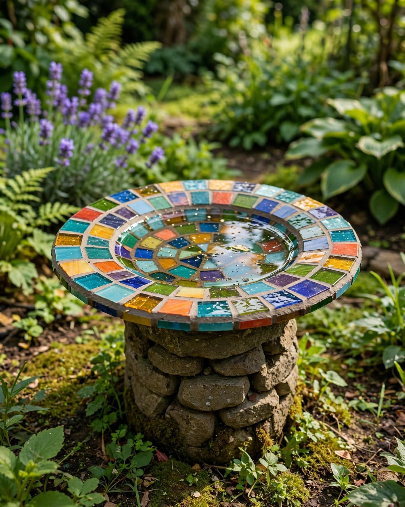 A colorful mosaic bird bath on a stone pedestal in a green garden.