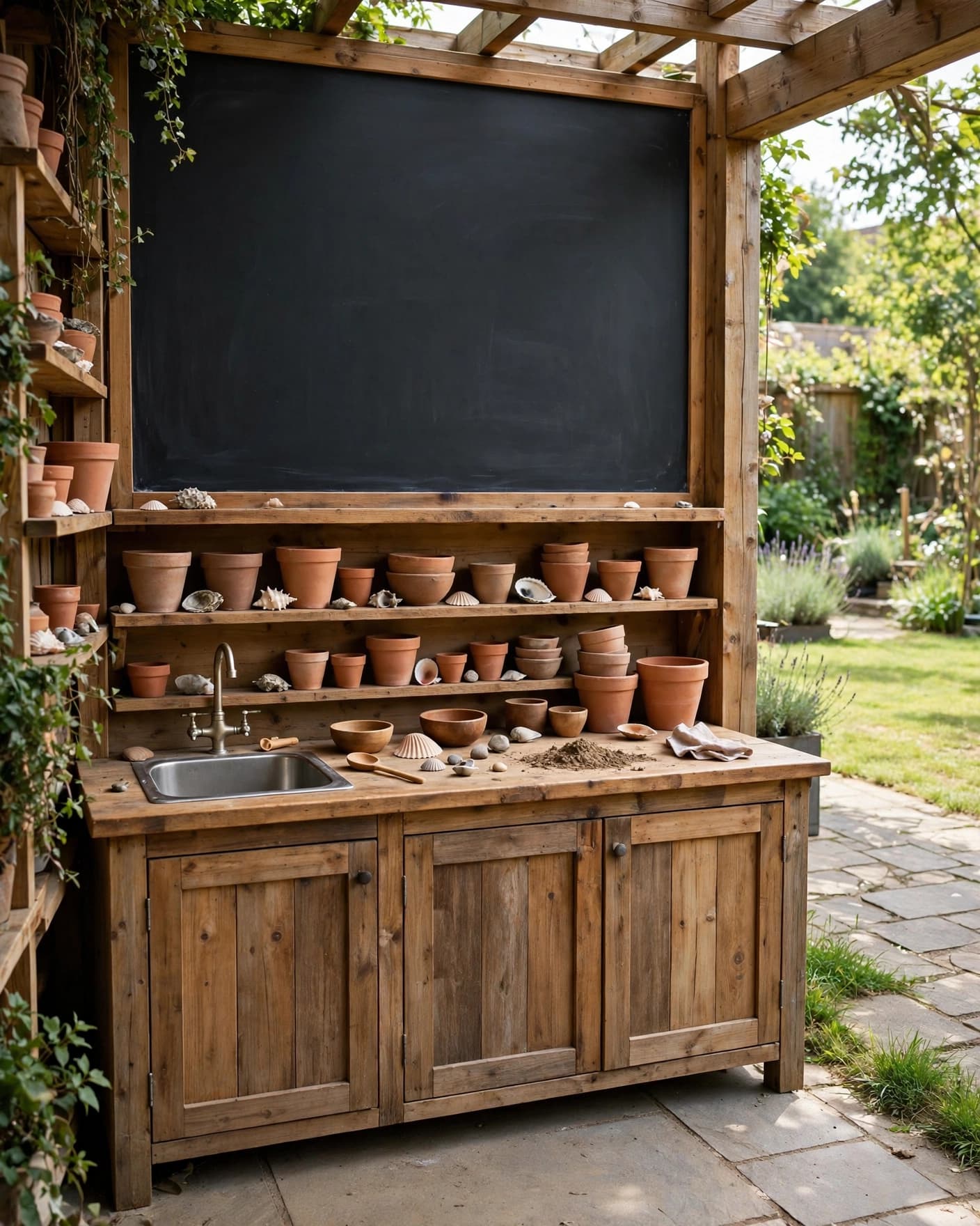 A wooden mud kitchen with pots and shells beside a lawn and blank chalkboard.