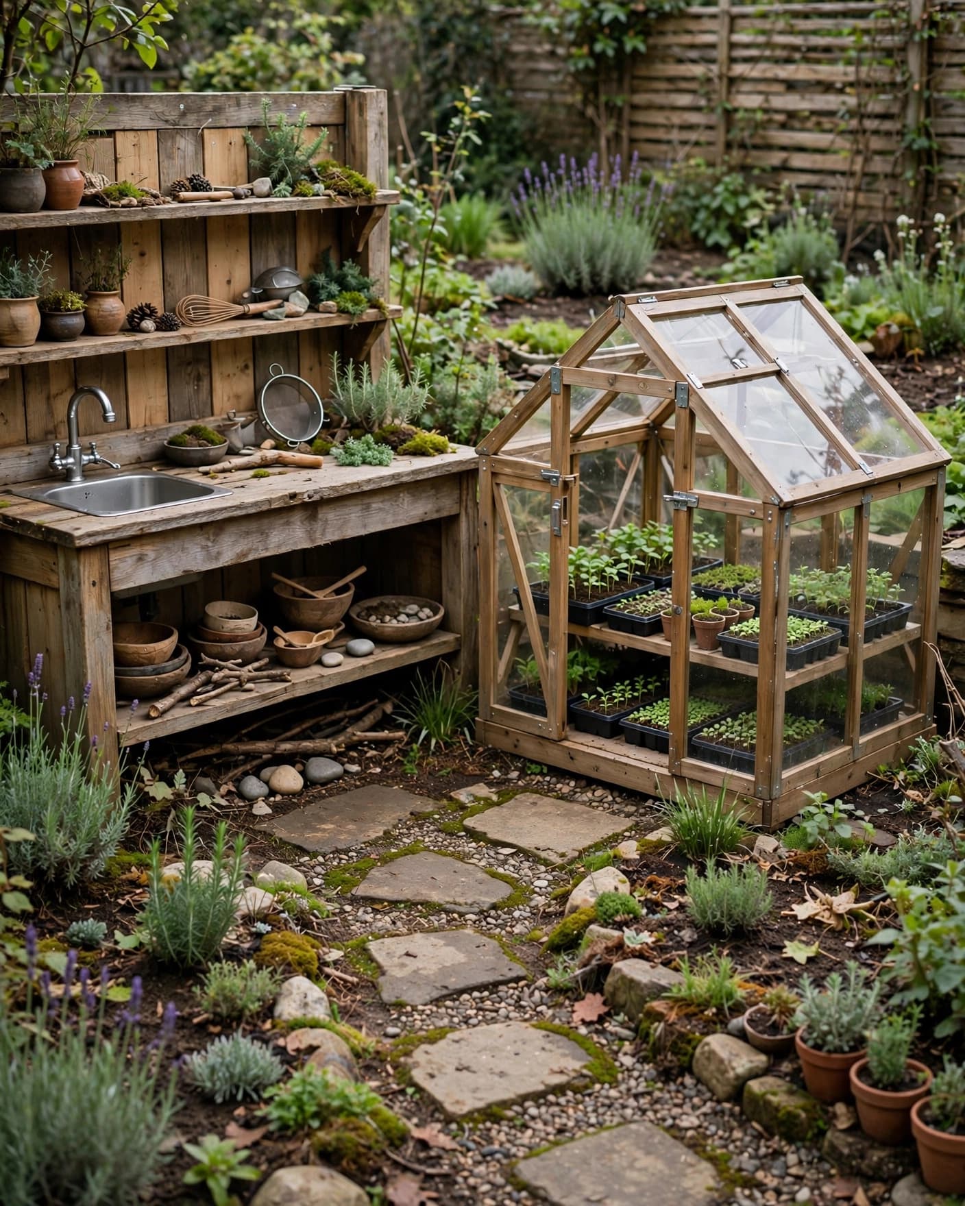A wooden mud kitchen beside a small greenhouse with seedlings and a garden path.