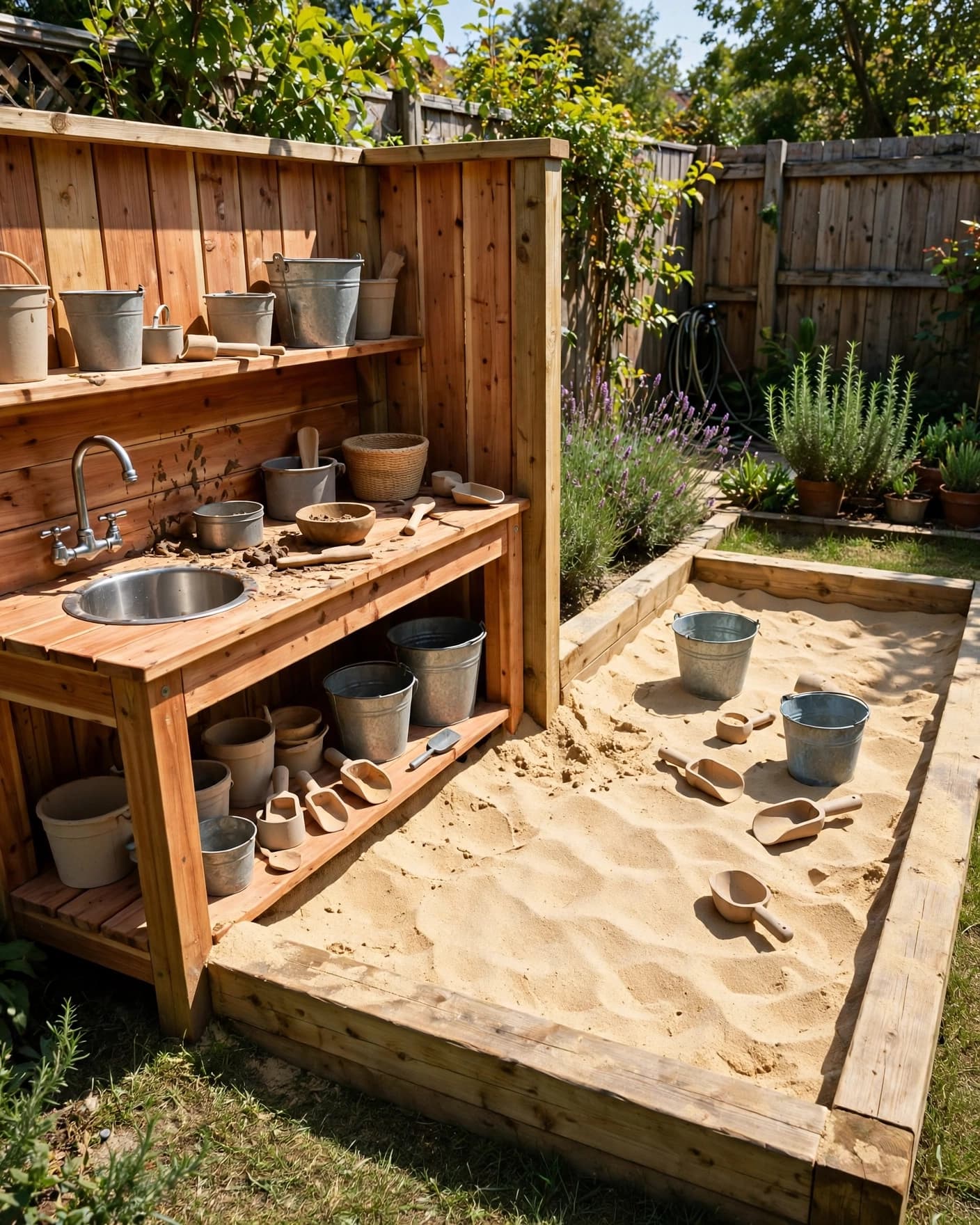 Cedar mud kitchen and sandbox with buckets and scoops in a sunny backyard.