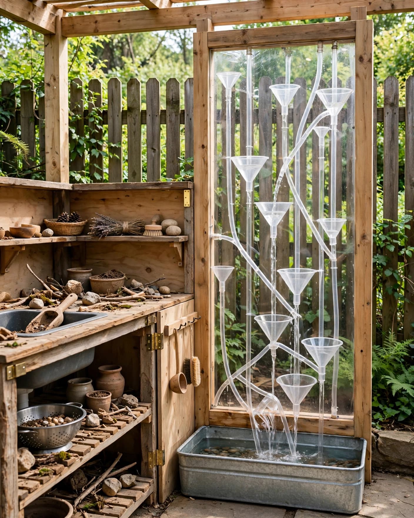 A wooden mud kitchen beside a water wall with tubes, funnels, and a basin.