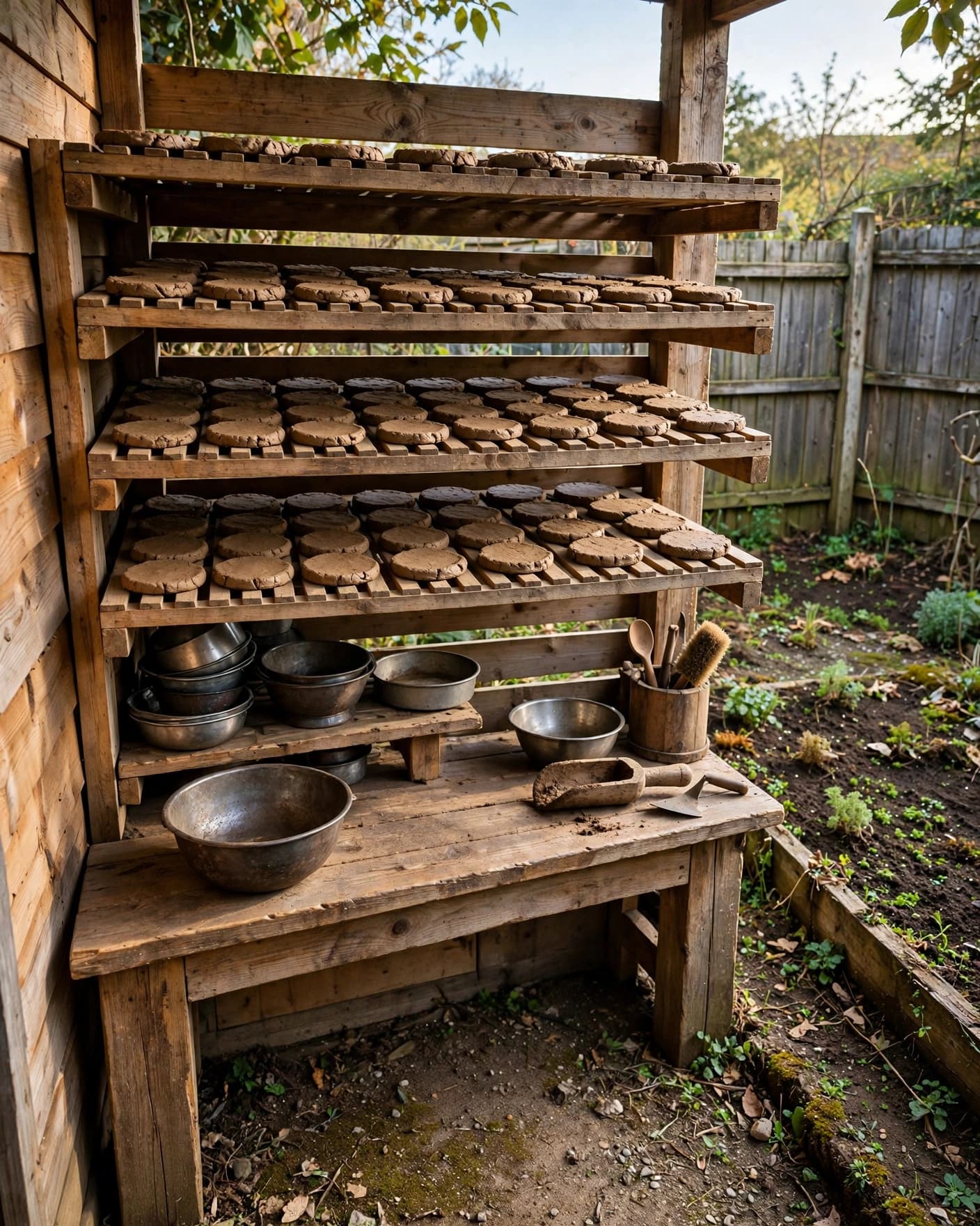 A mud kitchen with mud pies drying on shelves beside a fenced soil area.