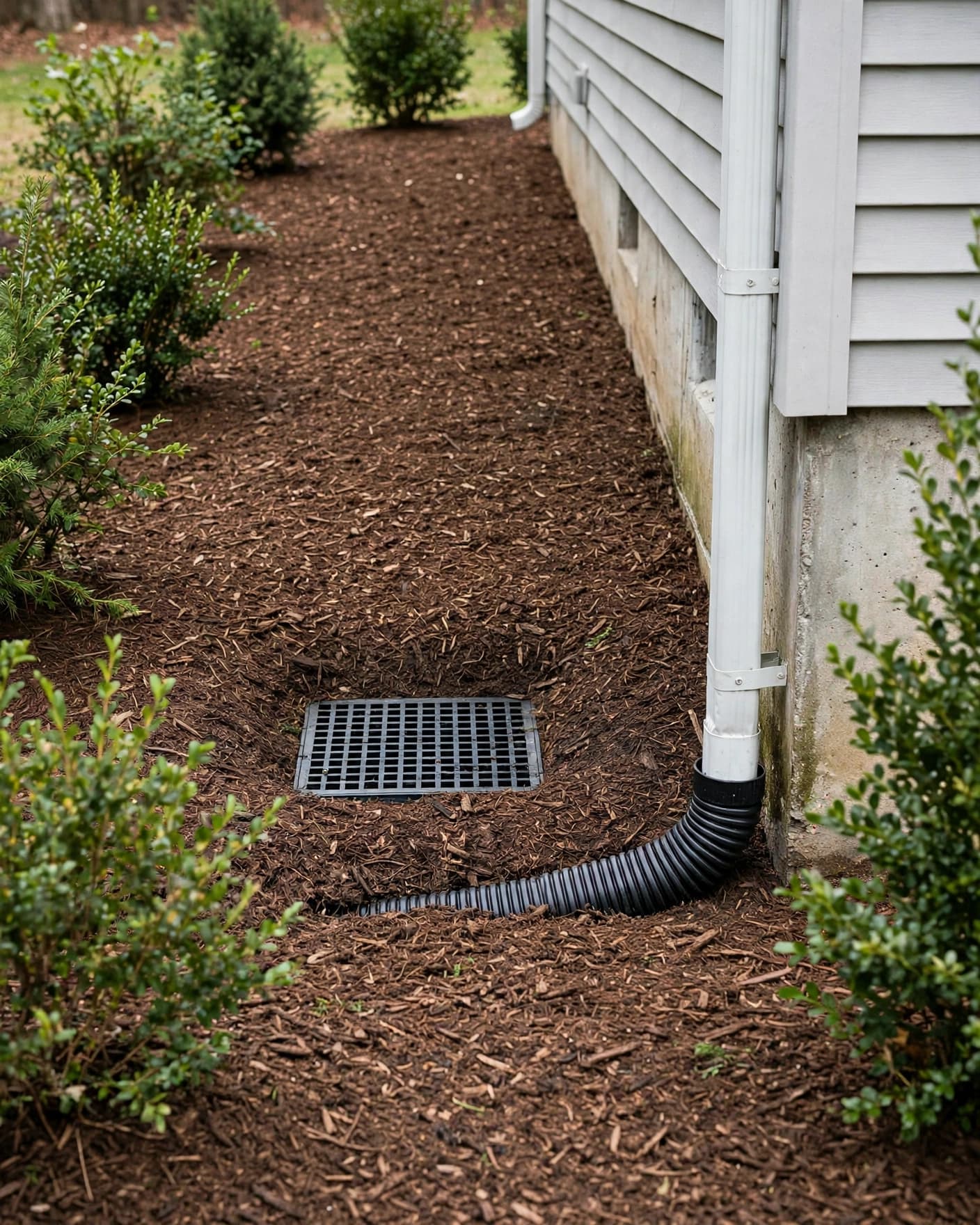 A planted mulch strip drains water from a house foundation through a downspout and surface grate.