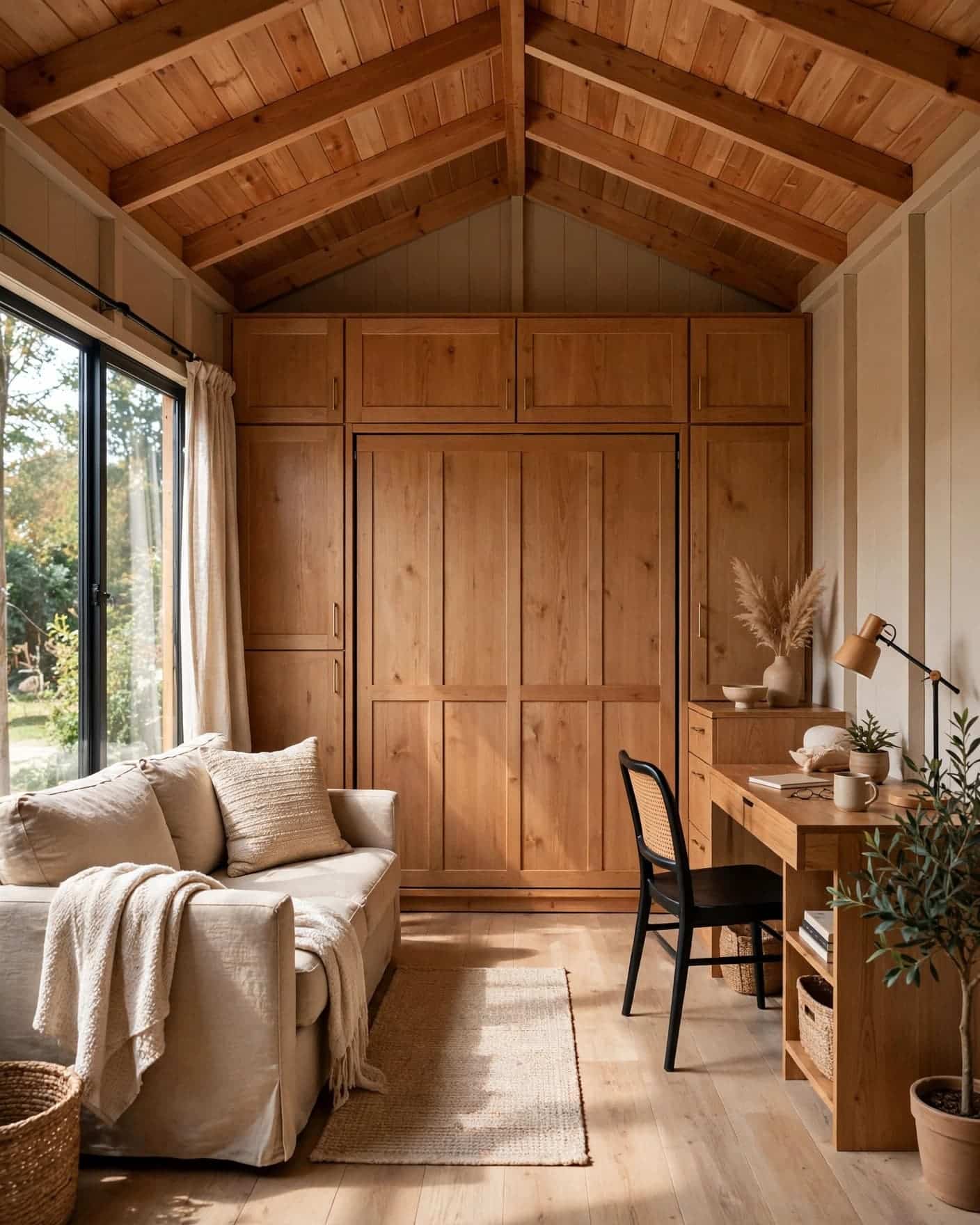 A small sofa and desk sit beside a cabinet wall with a folded Murphy bed.