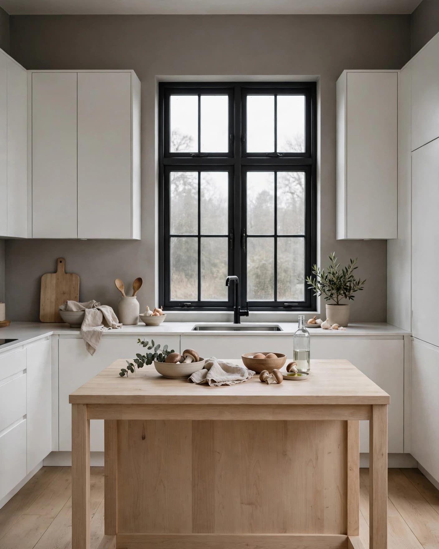 Scandinavian kitchen with gray walls, white cabinets, black windows, and a pale wood island.