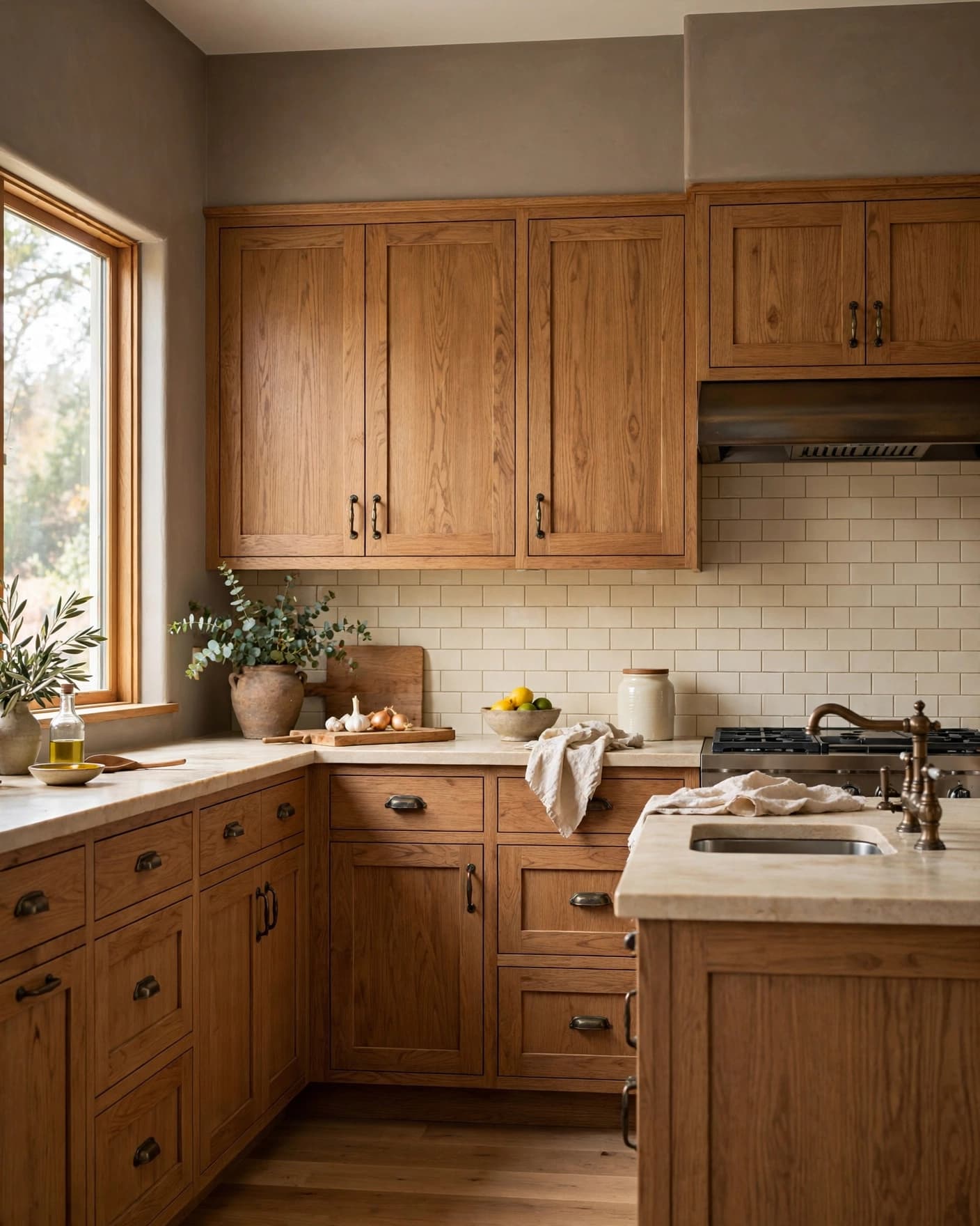 A taupe kitchen with oak cabinets, a creamy backsplash, and bronze fixtures.