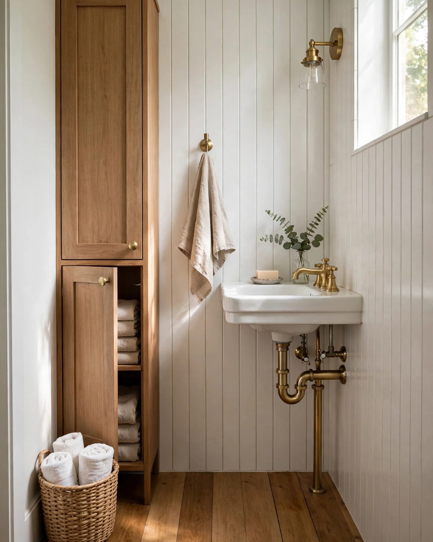 Narrow farmhouse bathroom with a wall-mounted sink, brass plumbing, and warm wood floor.