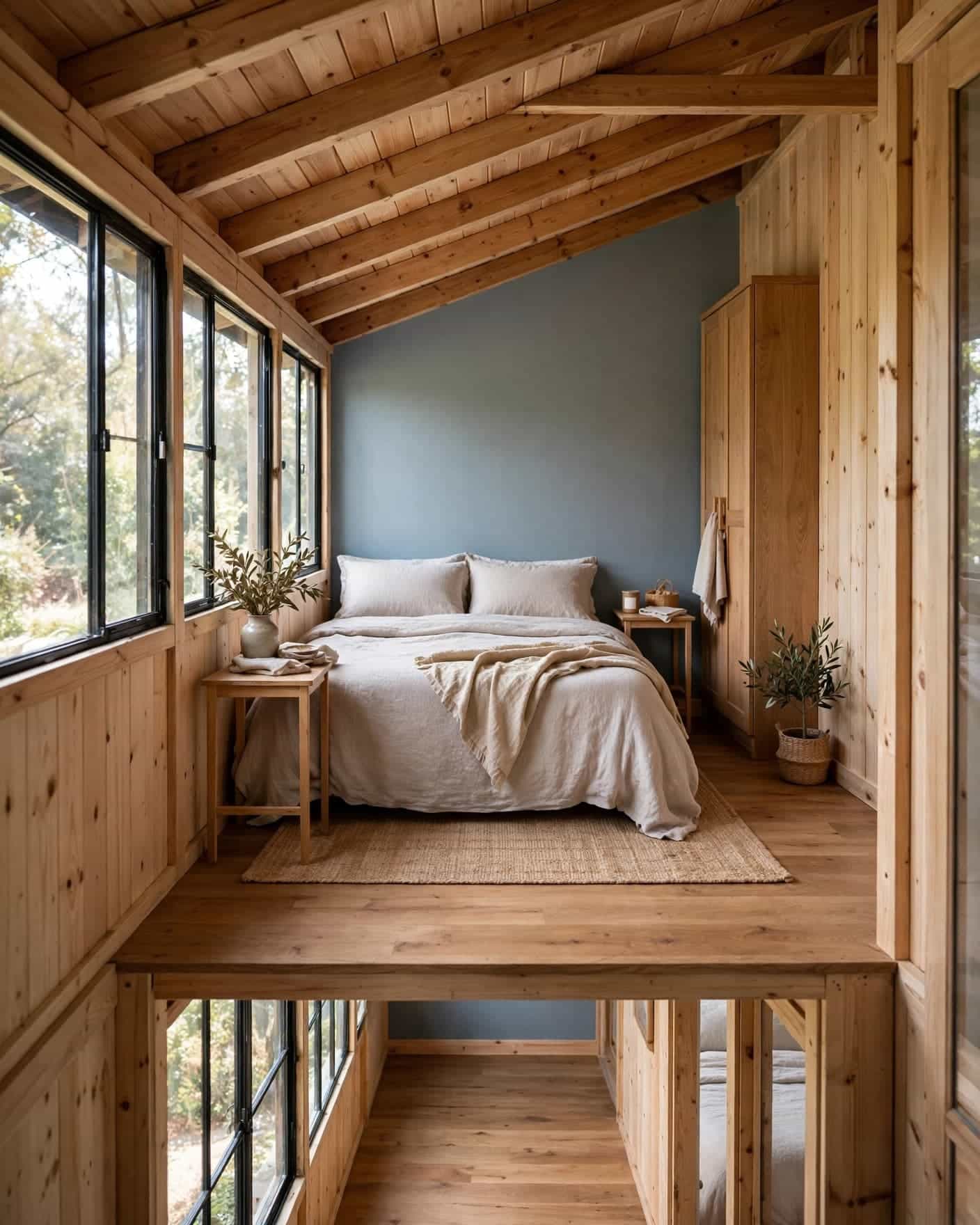 A queen bed sits between narrow side tables in a compact bedroom.