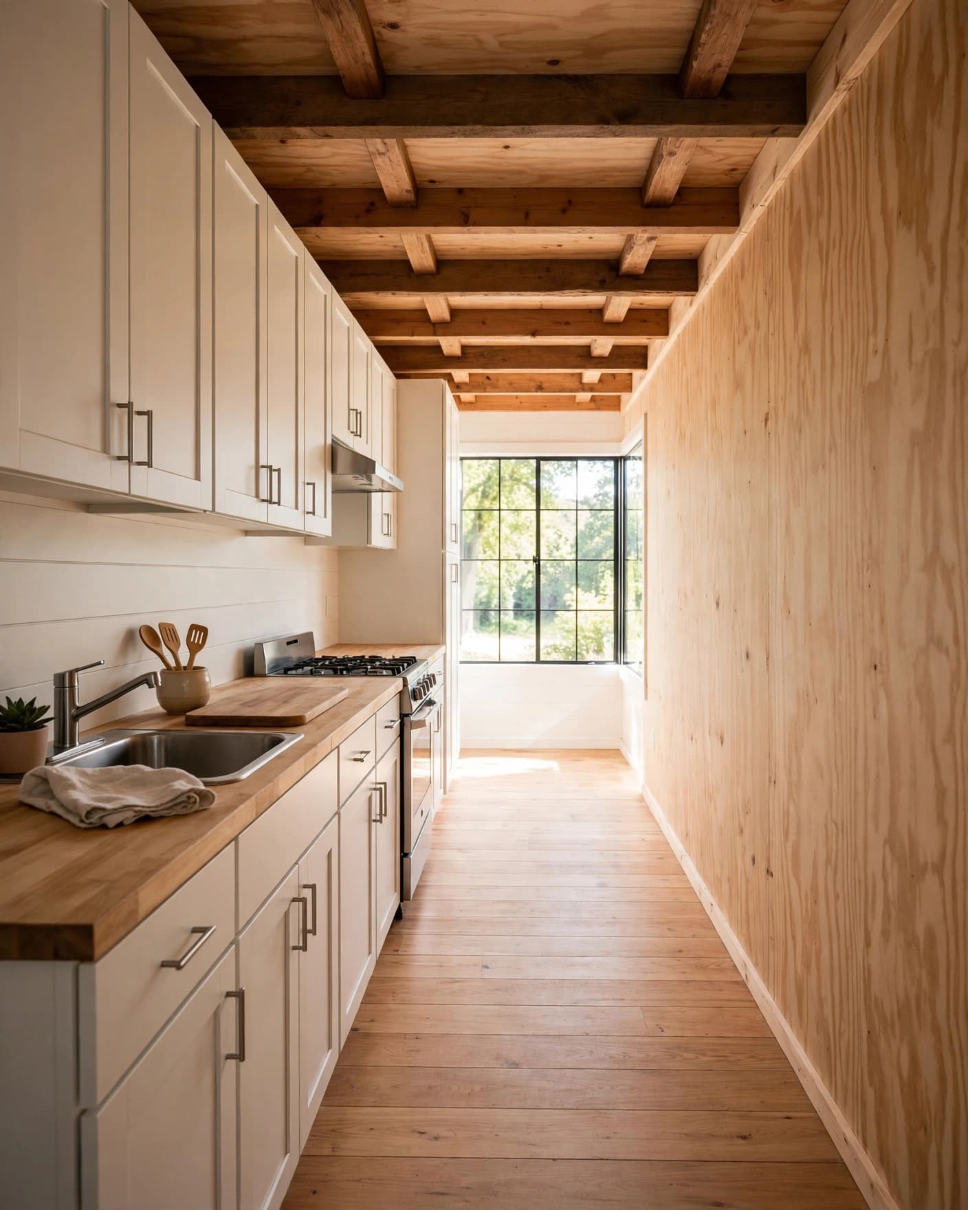 A compact one-wall kitchen leaves a clear path to a bright window.