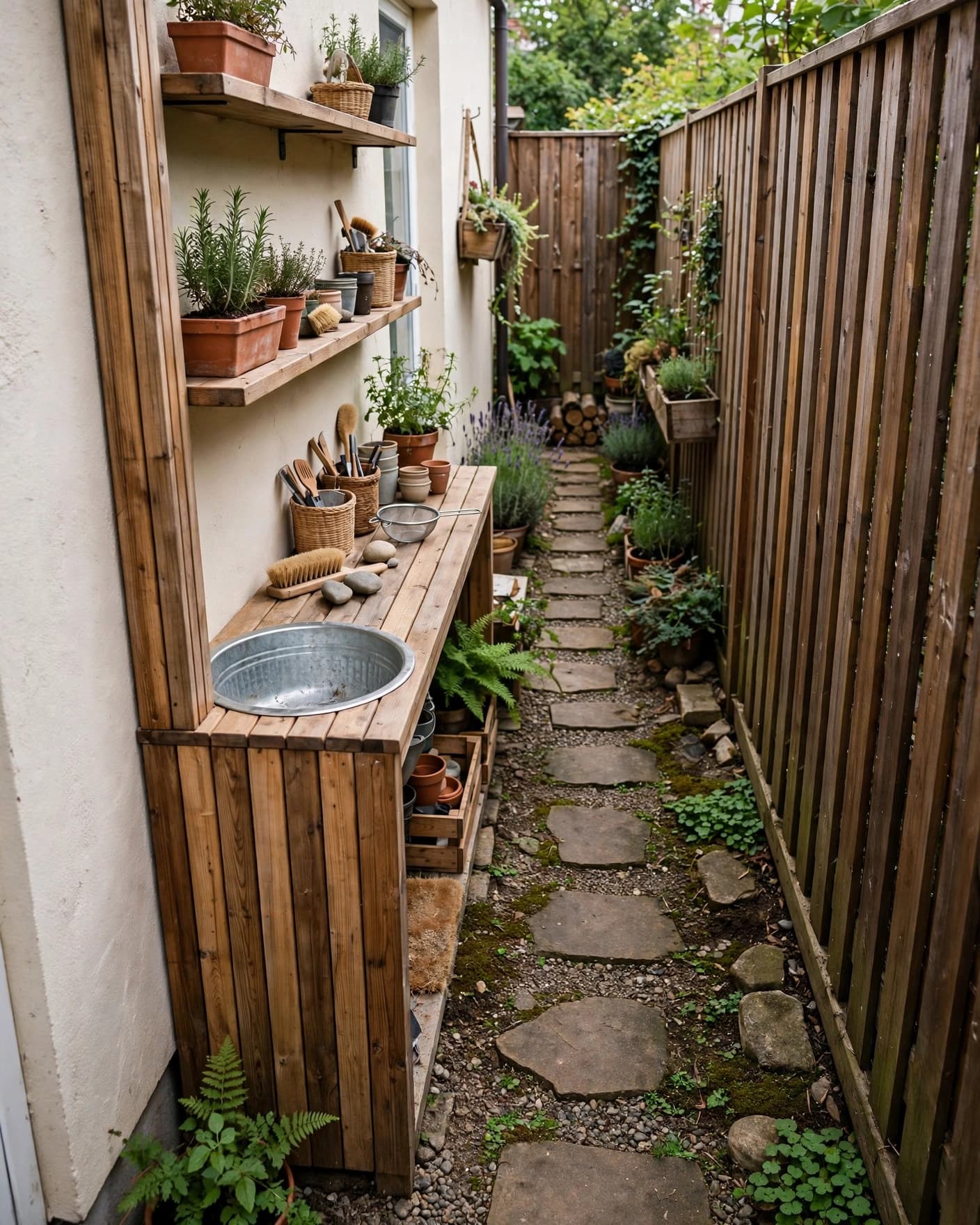 A slim mud kitchen with shelves, basin, stepping stones, and a privacy fence.