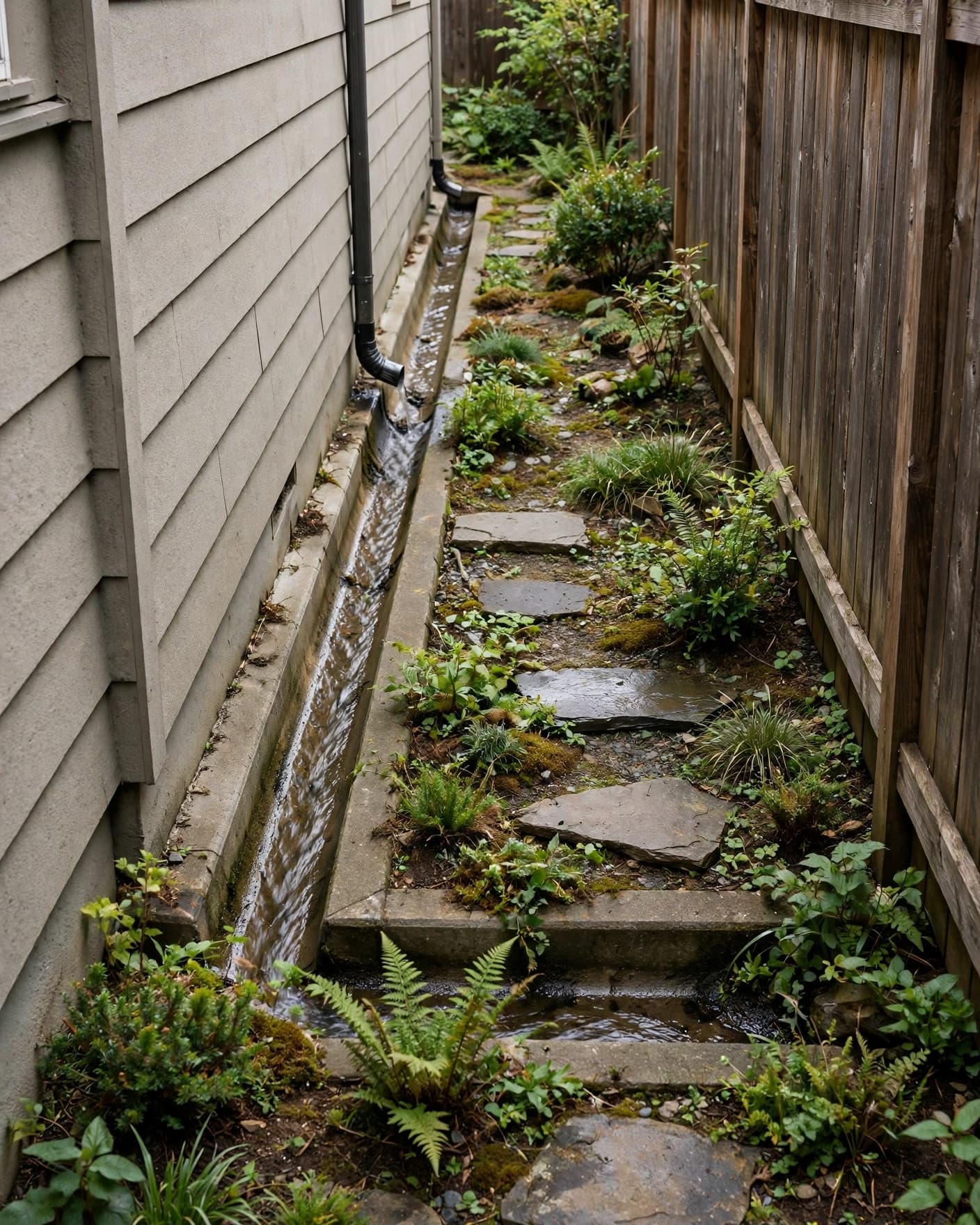 Downspout water flows through a concrete channel beside stepping stones toward a garden bed.
