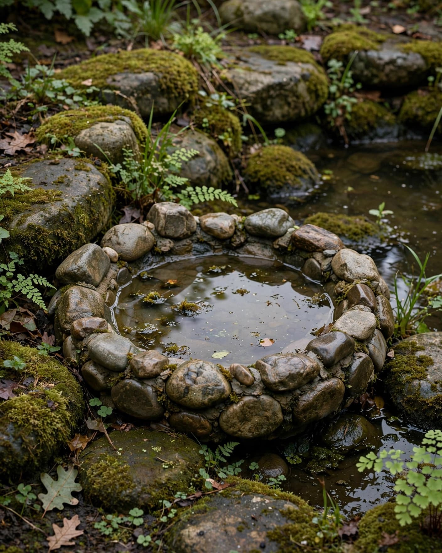 A natural stone bird bath beside a pond and mossy rocks.