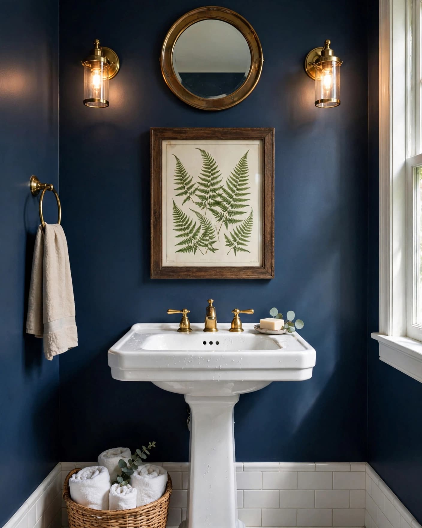 A navy bathroom with a white pedestal sink and framed fern print.