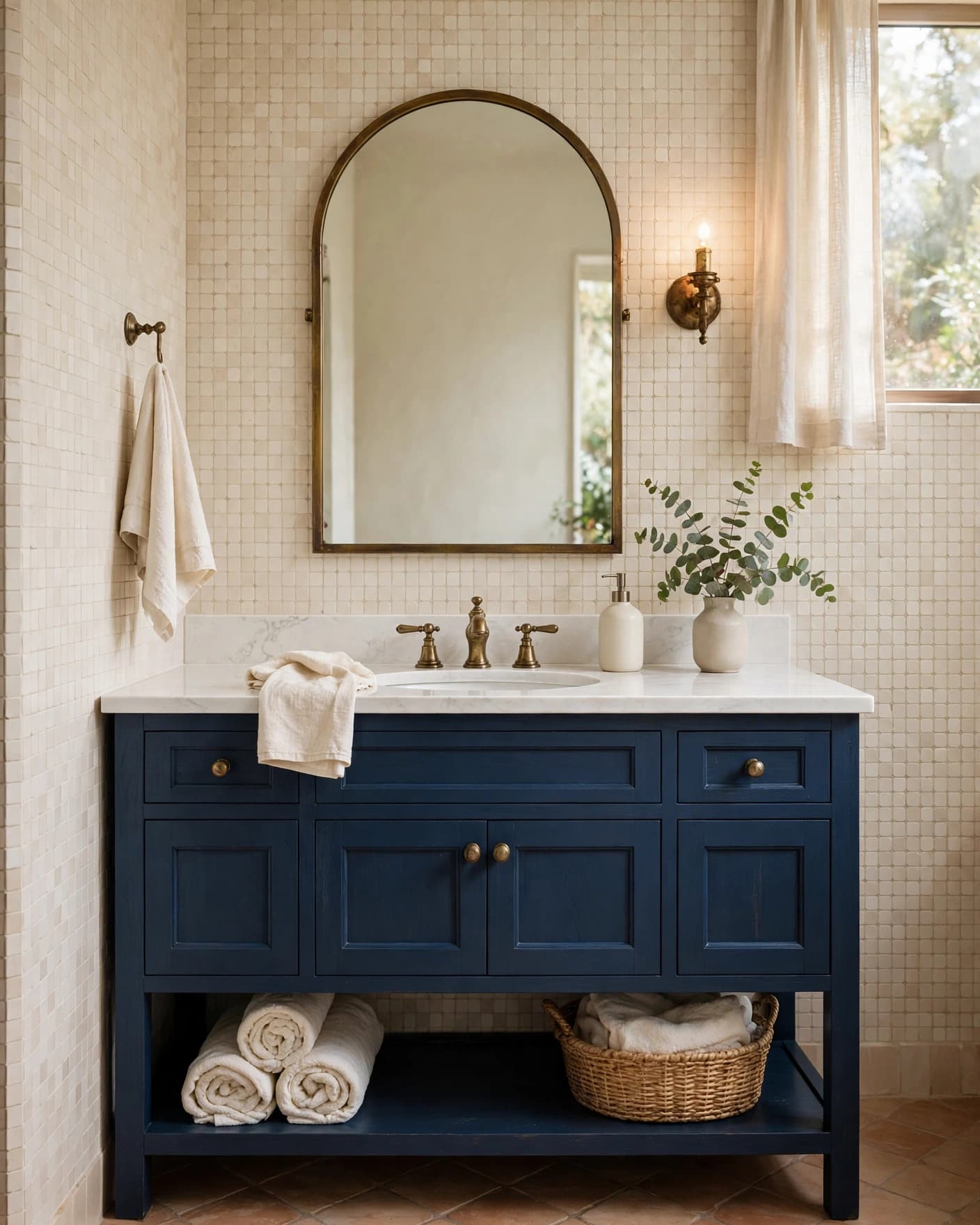 Navy bathroom vanity with a white countertop, brass hardware, and arched mirror.