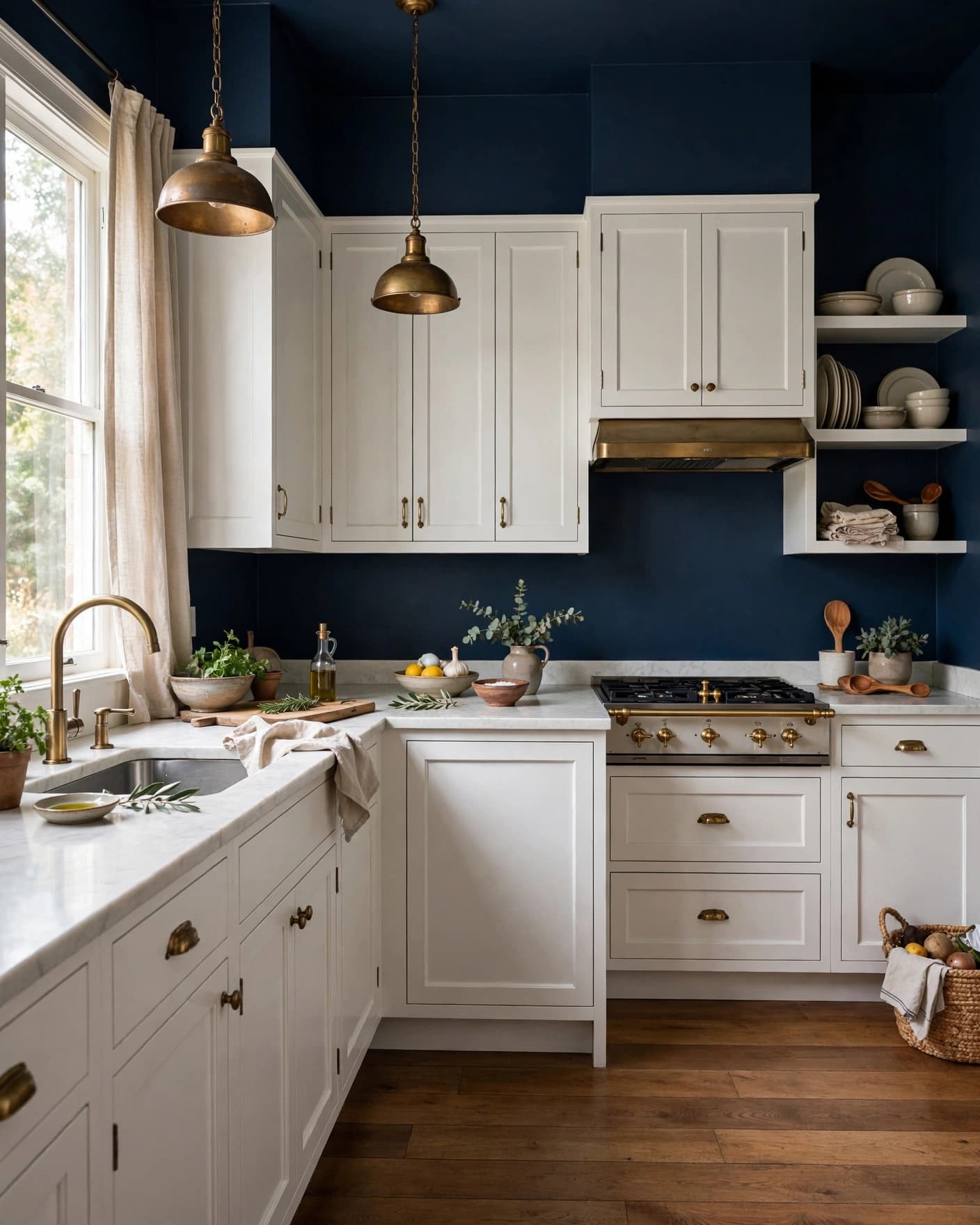 A dramatic navy kitchen with white cabinets, brass lights, and warm wood flooring.