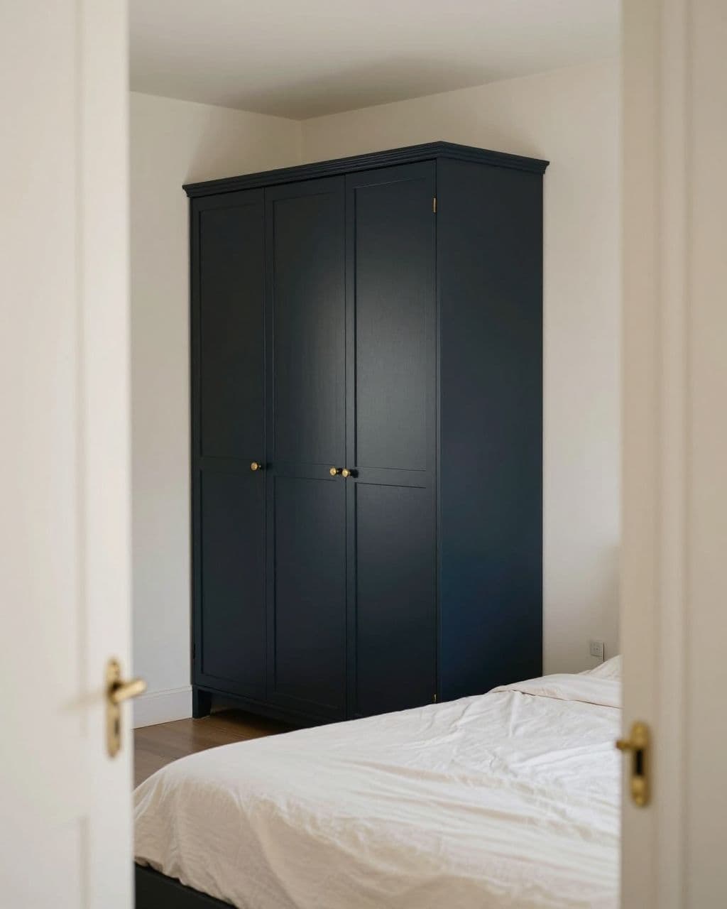 Small bedroom with a navy wardrobe, brass pulls, and light bedding.