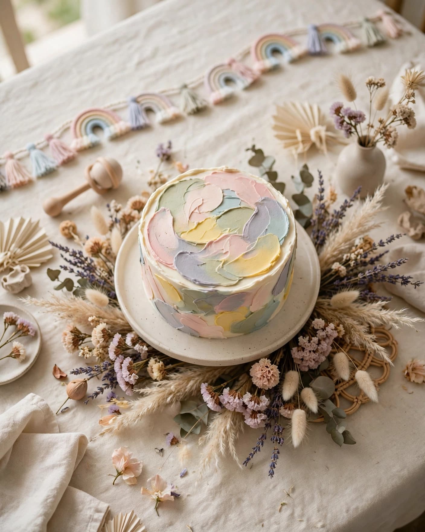 A cream table with a pastel rainbow garland, frosted cake, and dried flowers.