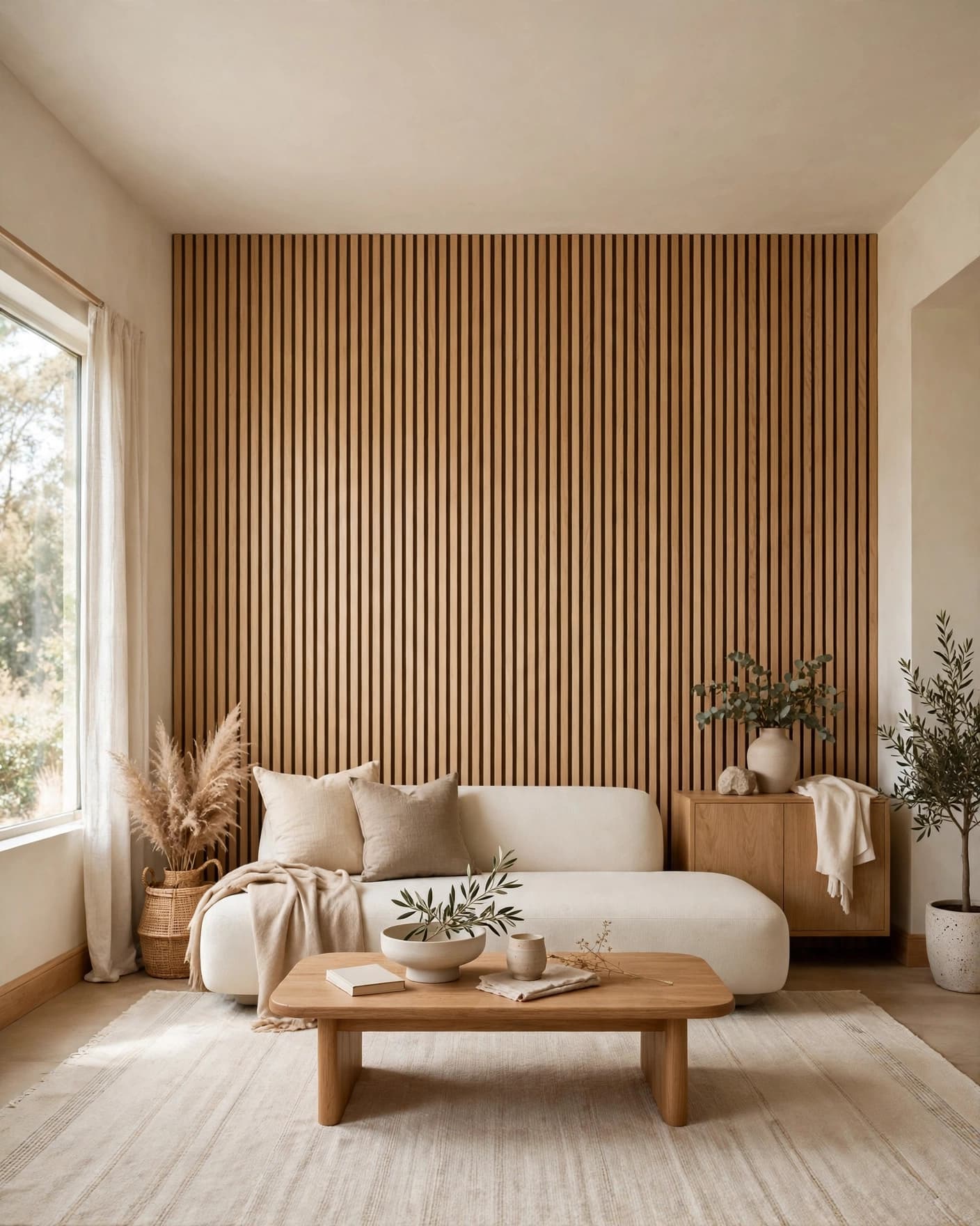 Oak slats behind a low sofa in a softly lit neutral living room.