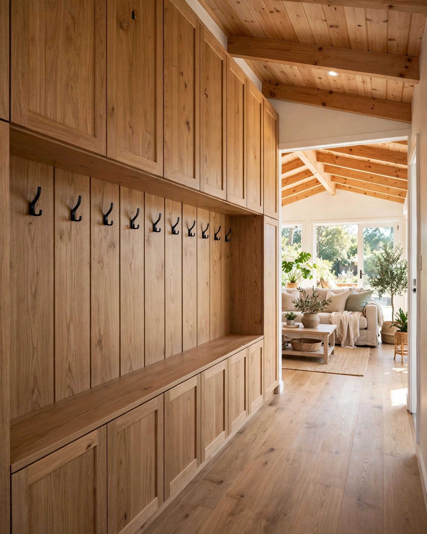 Light oak cabinets and coat hooks line a passage leading to a bright living area.